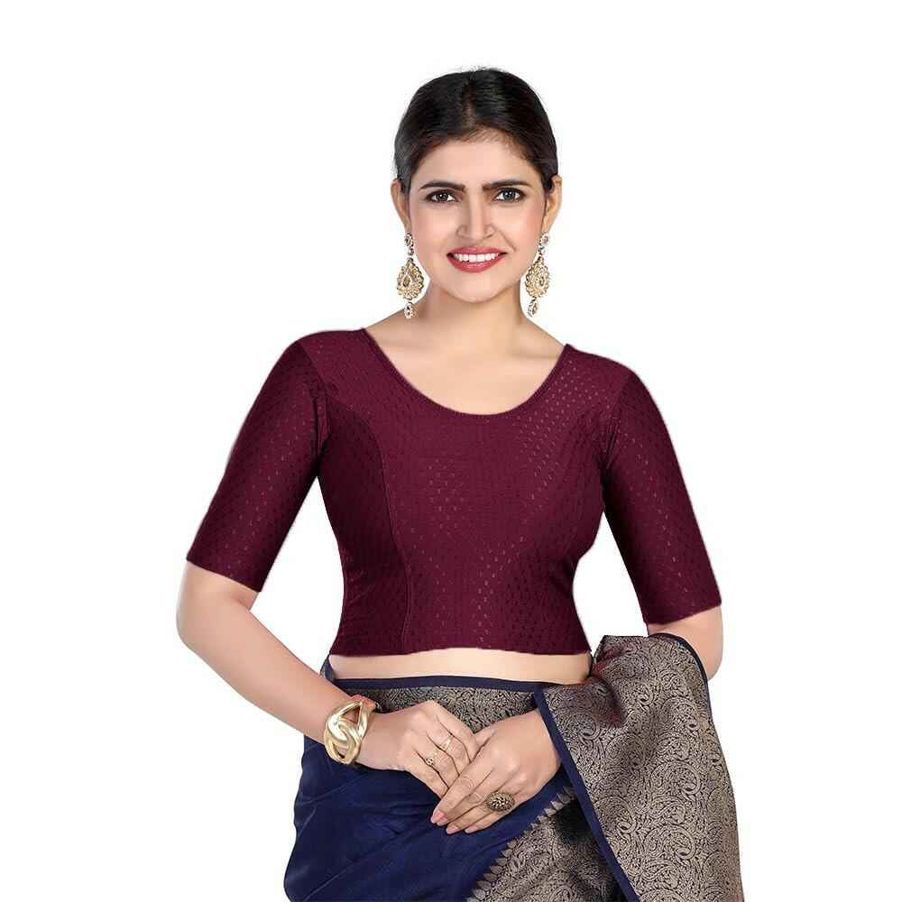 FINESTFIT 100% Cotton Fabric Stretchable Round Neck Elbow Sleeve Readymade Saree Blouse for Women - 4096