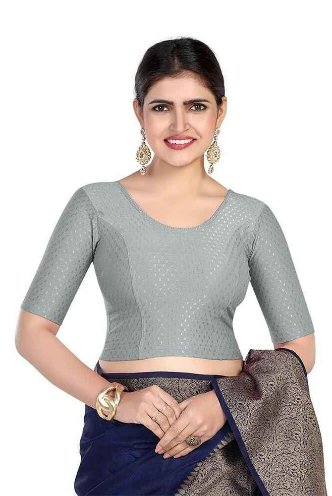 FINESTFIT 100% Cotton Fabric Stretchable Round Neck Elbow Sleeve Readymade Saree Blouse for Women - 4096