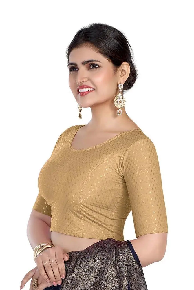FINESTFIT Round Neck 100% Cotton Dobby Fabric Stretchable Elbow Sleeve Readymade Saree Blouse for Women.4096