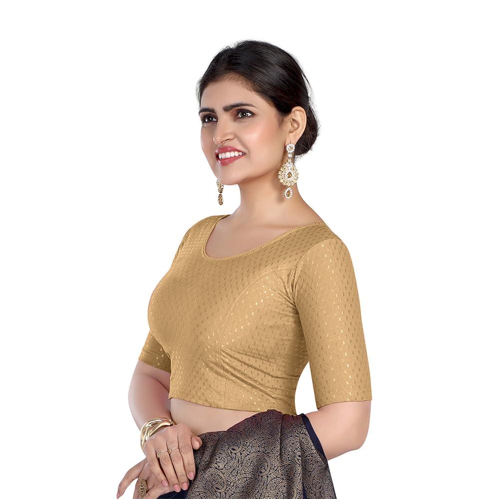 FINESTFIT Round Neck 100% Cotton Dobby Fabric Stretchable Elbow Sleeve Readymade Saree Blouse for Women.4096