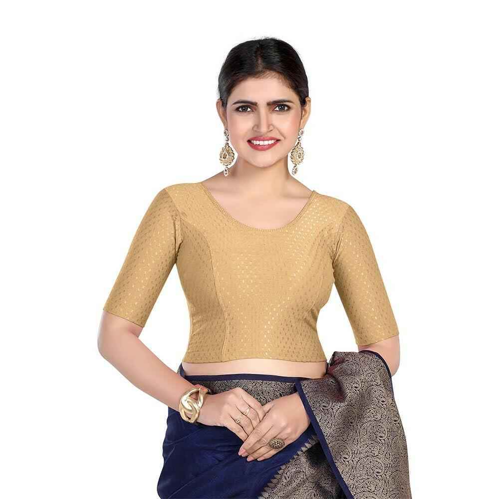 FINESTFIT 100% Cotton Fabric Stretchable Round Neck Elbow Sleeve Readymade Saree Blouse for Women - 4096 (Copy)