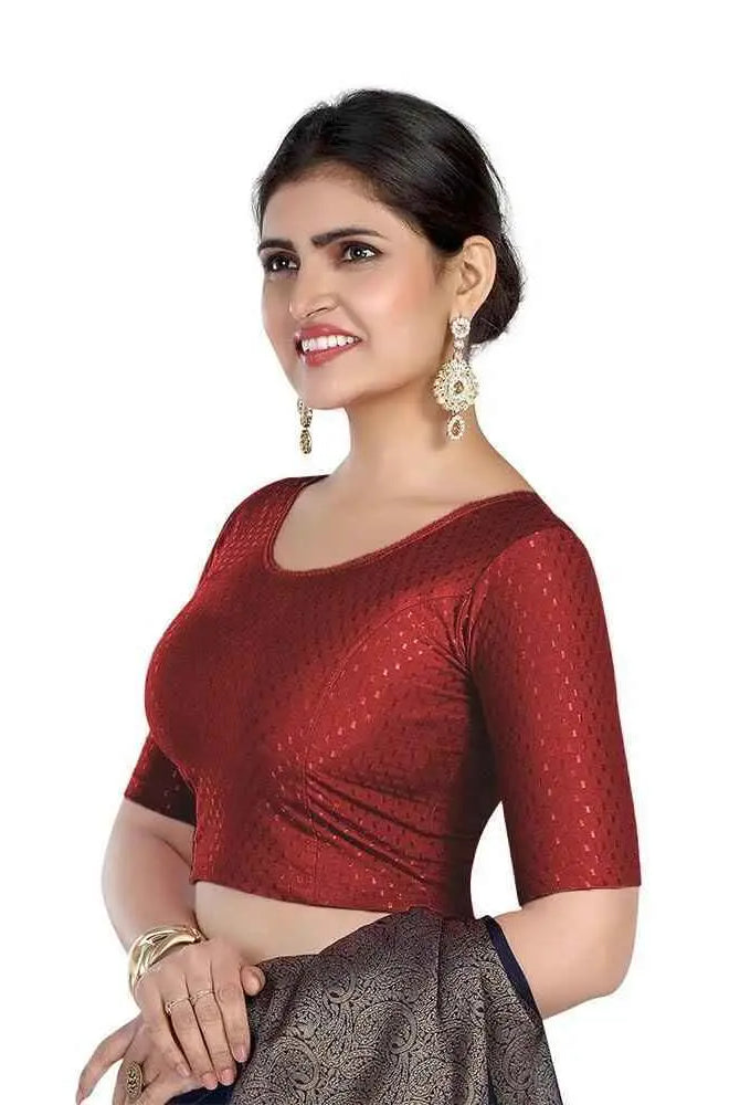 FINESTFIT 100% Cotton Fabric Stretchable Round Neck Elbow Sleeve Readymade Saree Blouse for Women - 4096 (Copy)