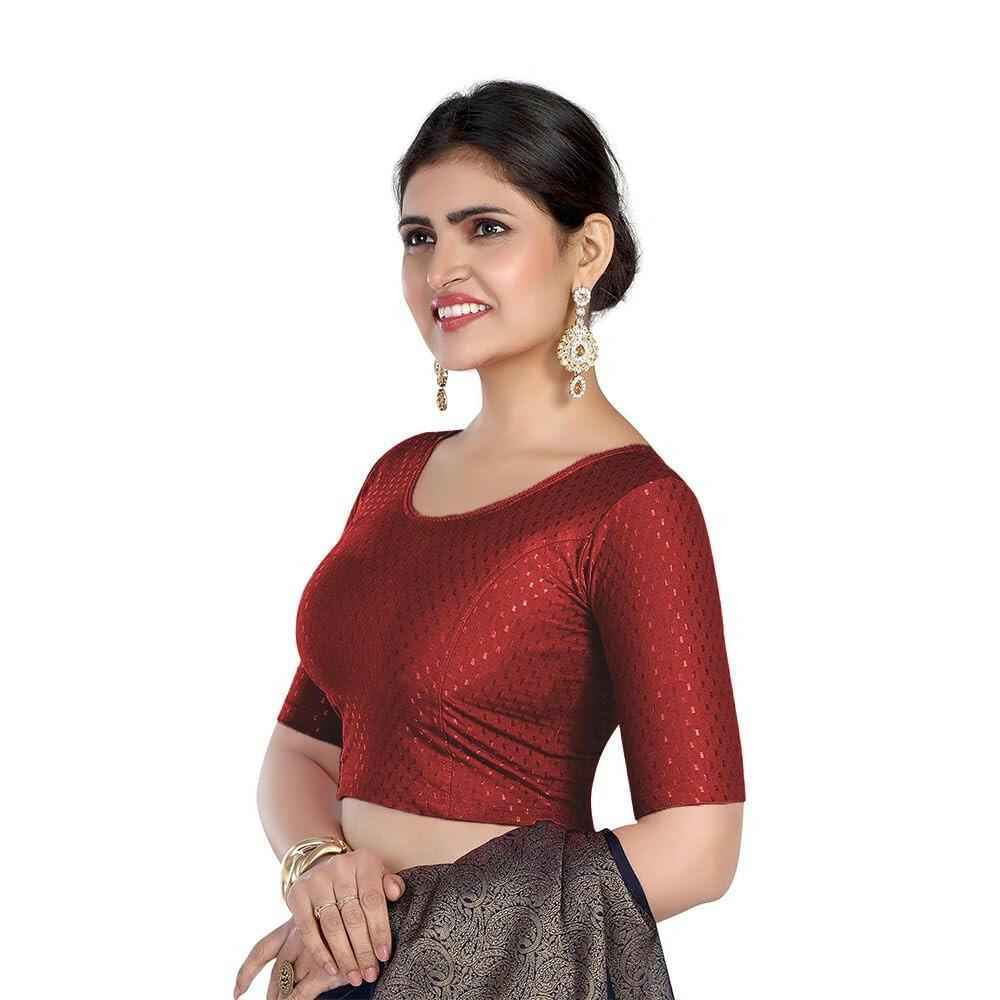 FINESTFIT 100% Cotton Fabric Stretchable Round Neck Elbow Sleeve Readymade Saree Blouse for Women - 4096 (Copy)