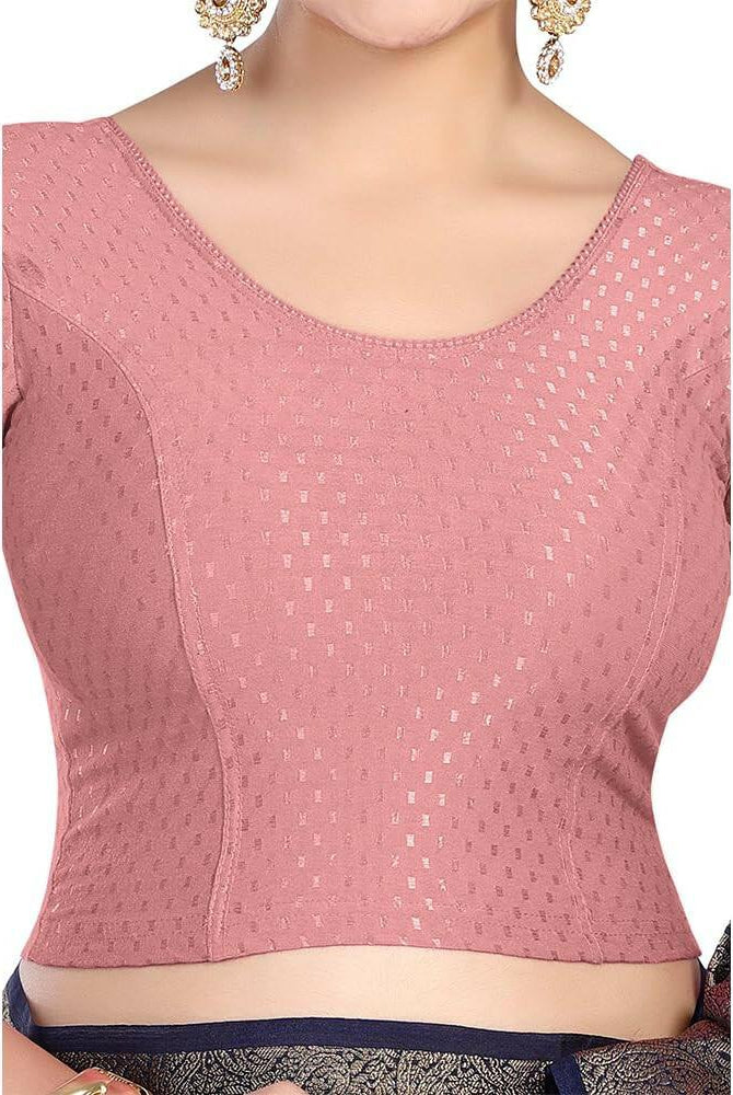 FINESTFIT Round Neck 100% Cotton Dobby Fabric Stretchable Elbow Sleeve Readymade Saree Blouse for Women.4096