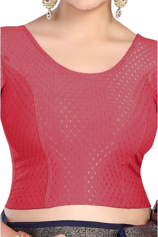 FINESTFIT Round Neck 100% Cotton Dobby Fabric Stretchable Elbow Sleeve Readymade Saree Blouse for Women.4096