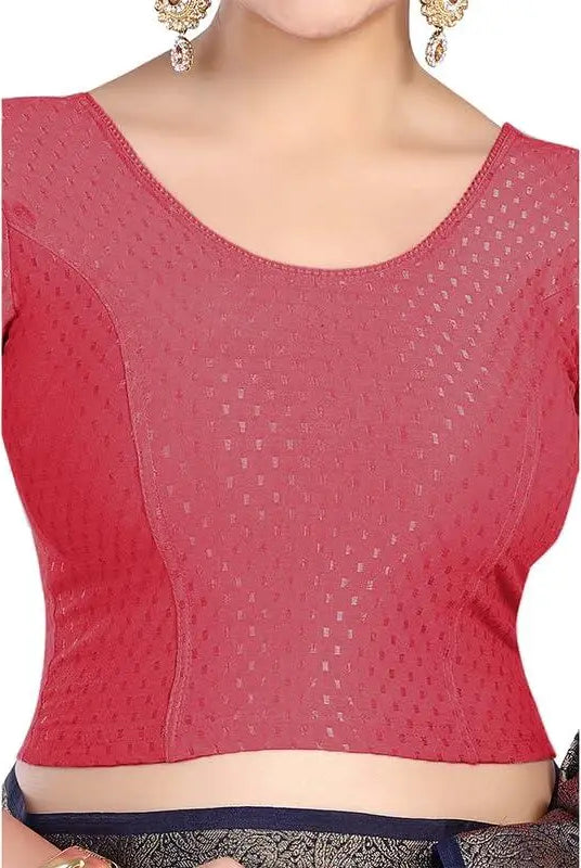 FINESTFIT Round Neck 100% Cotton Dobby Fabric Stretchable Elbow Sleeve Readymade Saree Blouse for Women.4096