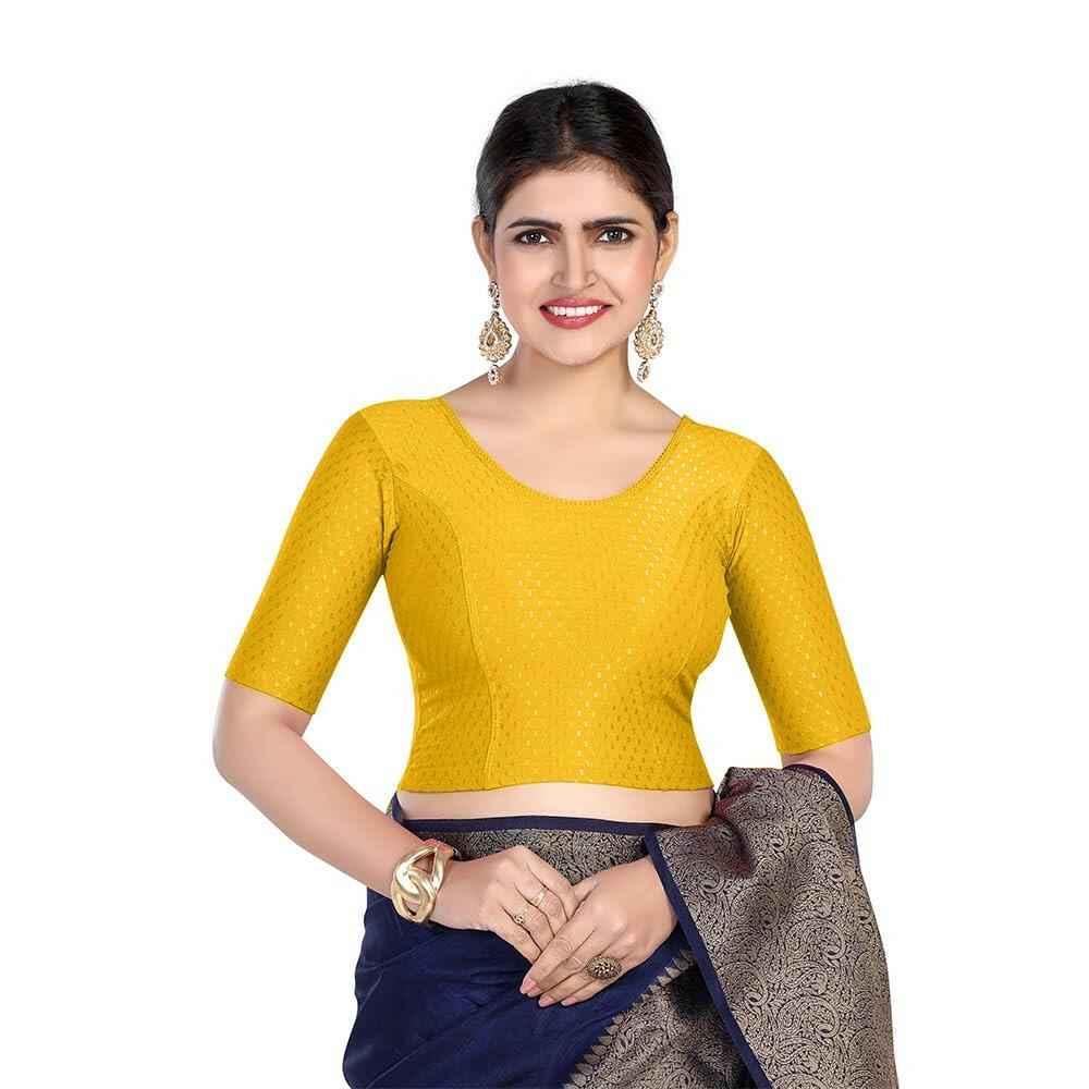 FINESTFIT 100% Cotton Fabric Stretchable Round Neck Elbow Sleeve Readymade Saree Blouse for Women - 4096