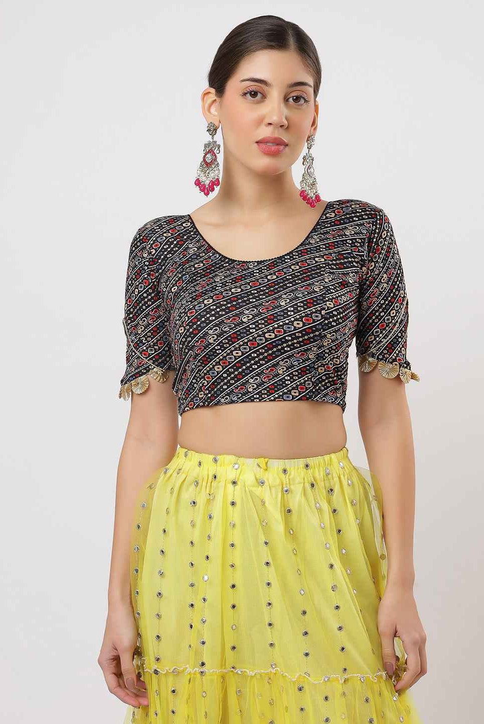 Stay On Trend: Latest Fashion Readymade Blouses for Women,round neckline ,elbow sleeves ,adorned with handly stitched golden flowers on hem.29007
