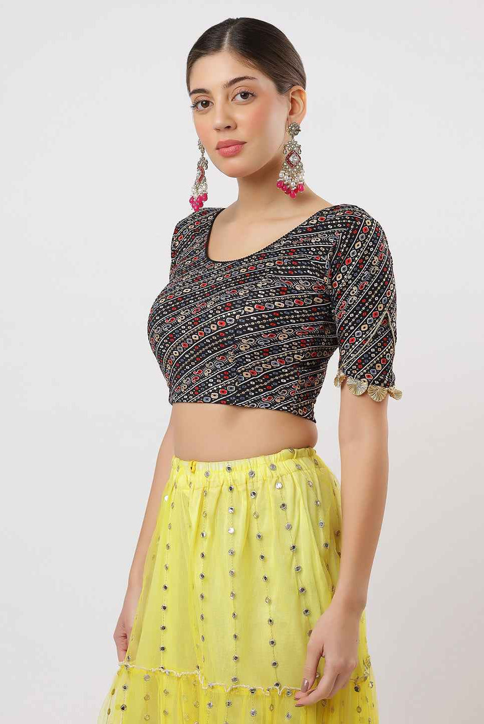 Stay On Trend: Latest Fashion Readymade Blouses for Women,round neckline ,elbow sleeves ,adorned with handly stitched golden flowers on hem.29007