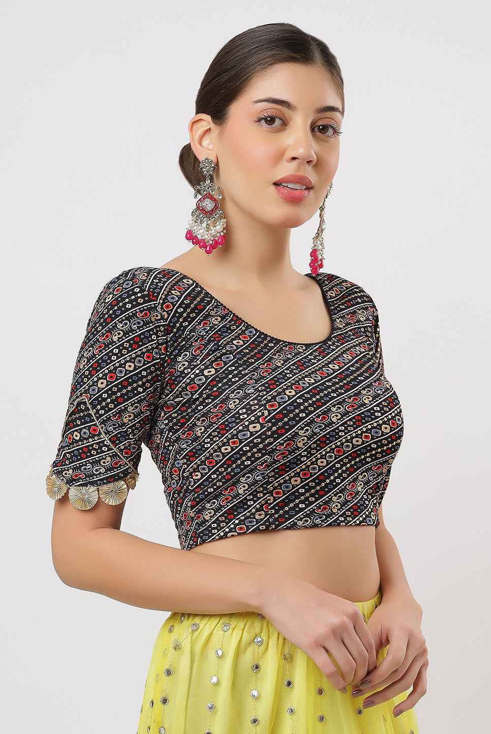 Stay On Trend: Latest Fashion Readymade Blouses for Women,round neckline ,elbow sleeves ,adorned with handly stitched golden flowers on hem.29007