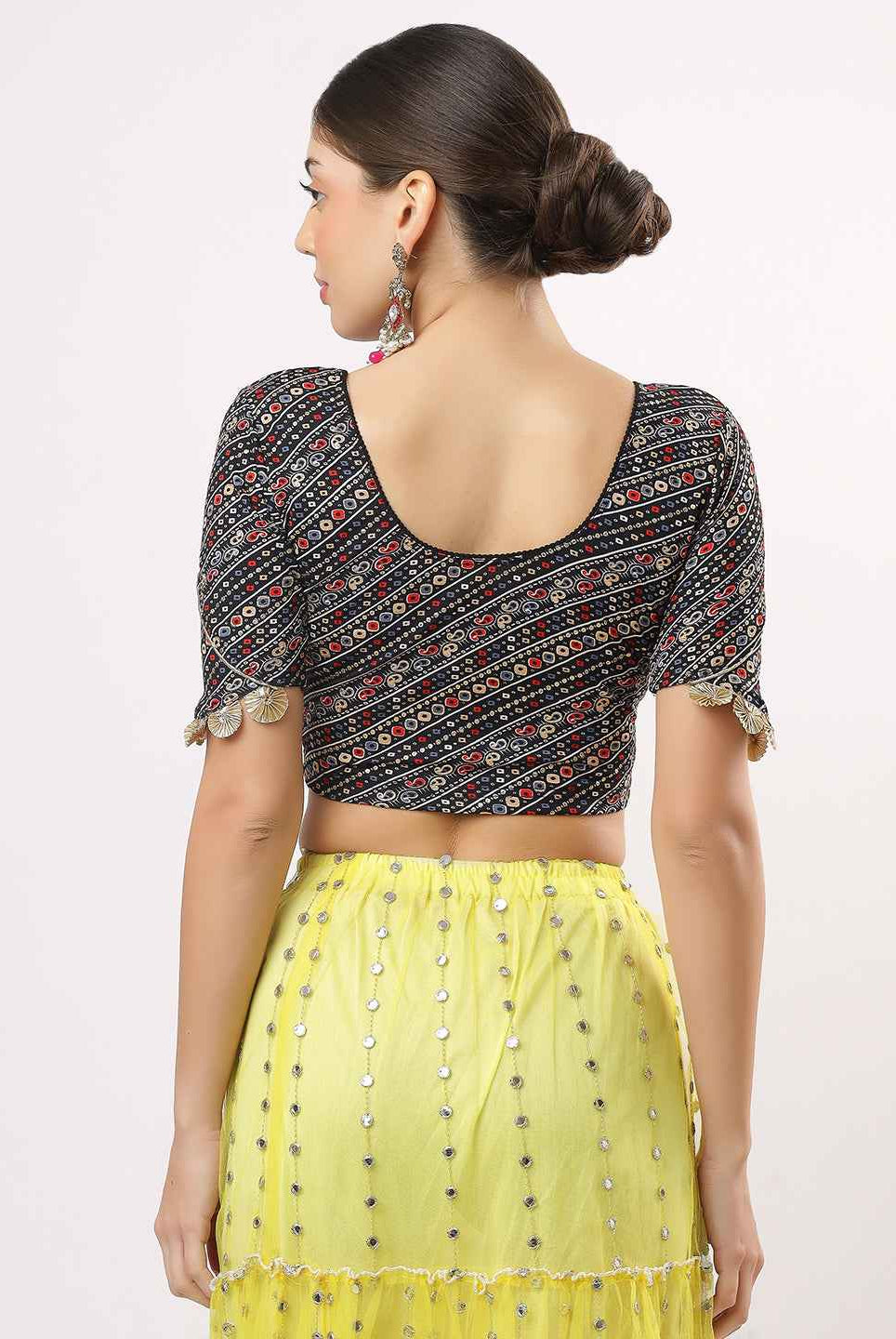 Stay On Trend: Latest Fashion Readymade Blouses for Women,round neckline ,elbow sleeves ,adorned with handly stitched golden flowers on hem.29007