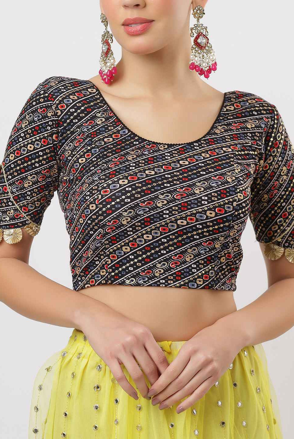 Stay On Trend: Latest Fashion Readymade Blouses for Women,round neckline ,elbow sleeves ,adorned with handly stitched golden flowers on hem.29007