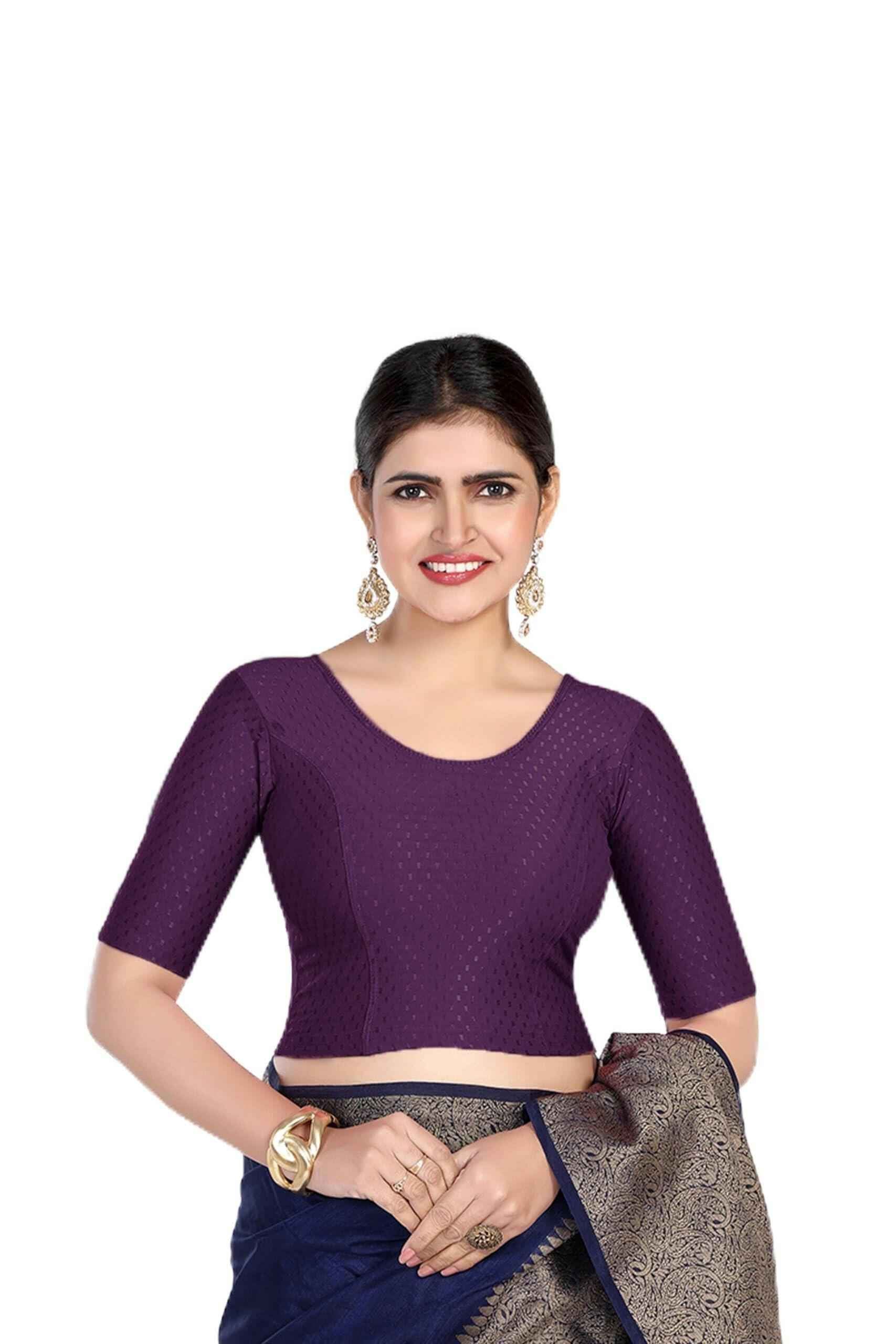 FINESTFIT 100% Cotton Fabric Stretchable Round Neck Elbow Sleeve Readymade Saree Blouse for Women - 4096