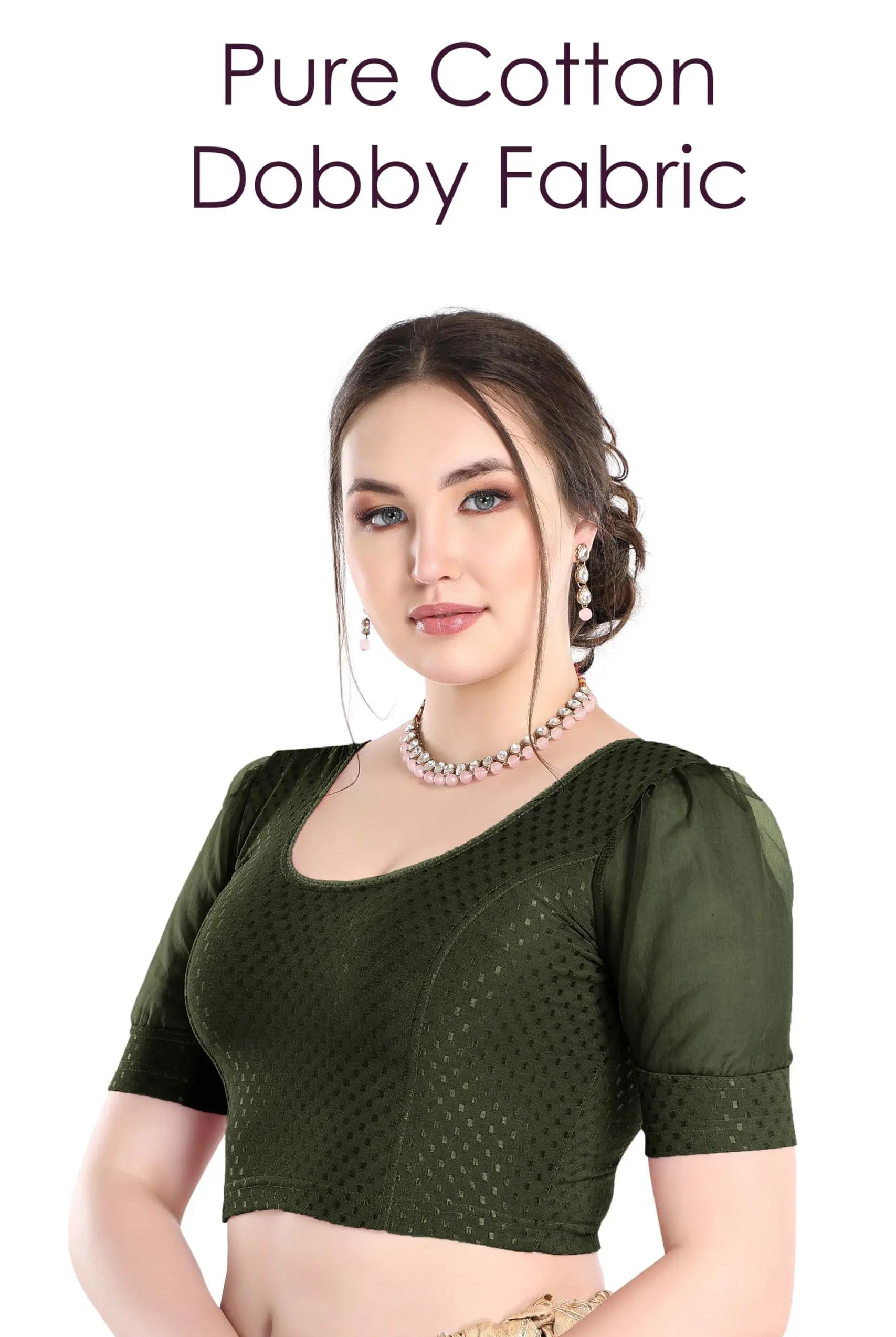 FINESTFIT Stay On Trend Latest Fashion 100% Cotton Dobby Readymade Blouses for Women,Round Neckline with Organza Balloon Sleeves.4520