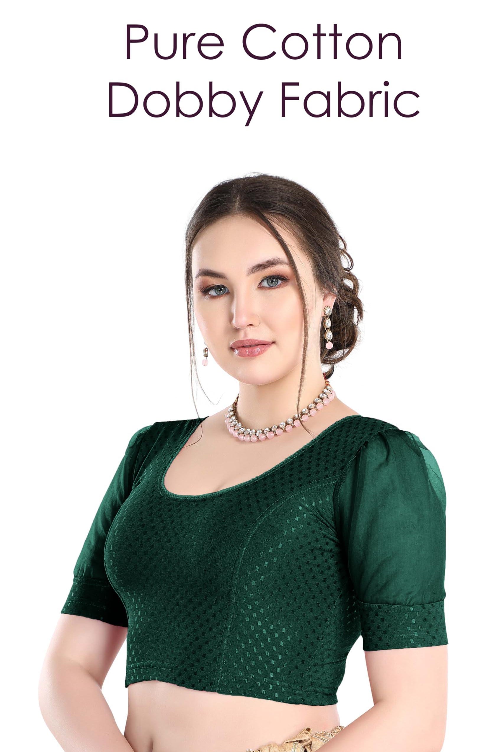 FINESTFIT Stay On Trend Latest Fashion 100% Cotton Dobby Readymade Blouses for Women,Round Neckline with Organza Balloon Sleeves.4520