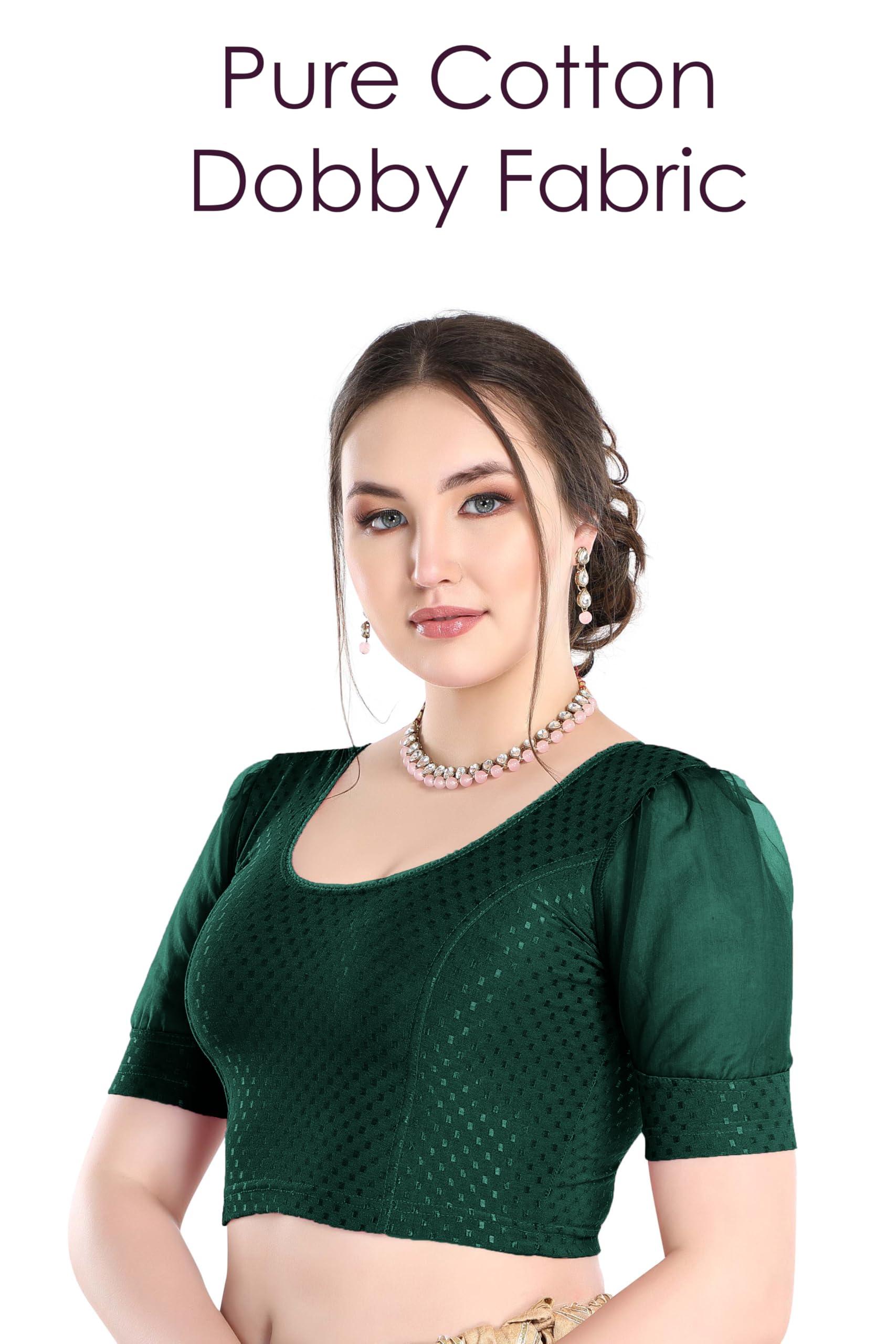 FINESTFIT Stay On Trend Latest Fashion 100% Cotton Dobby Readymade Blouses for Women,Round Neckline with Organza Balloon Sleeves.4520