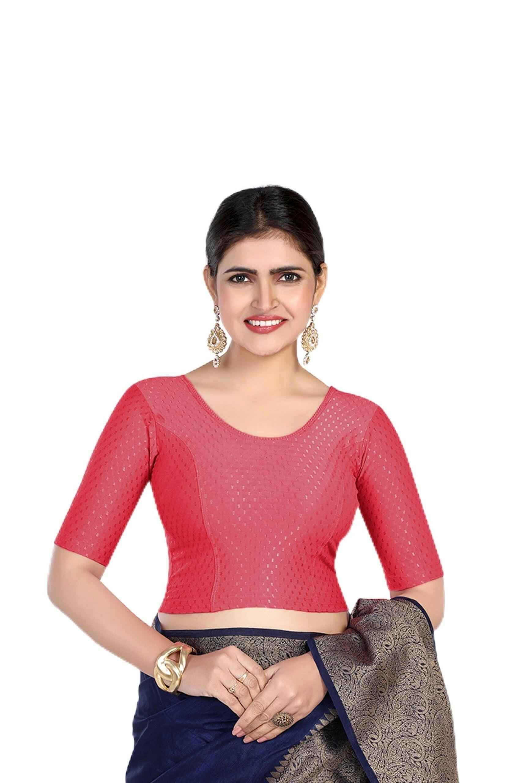 FINESTFIT 100% Cotton Fabric Stretchable Round Neck Elbow Sleeve Readymade Saree Blouse for Women - 4096