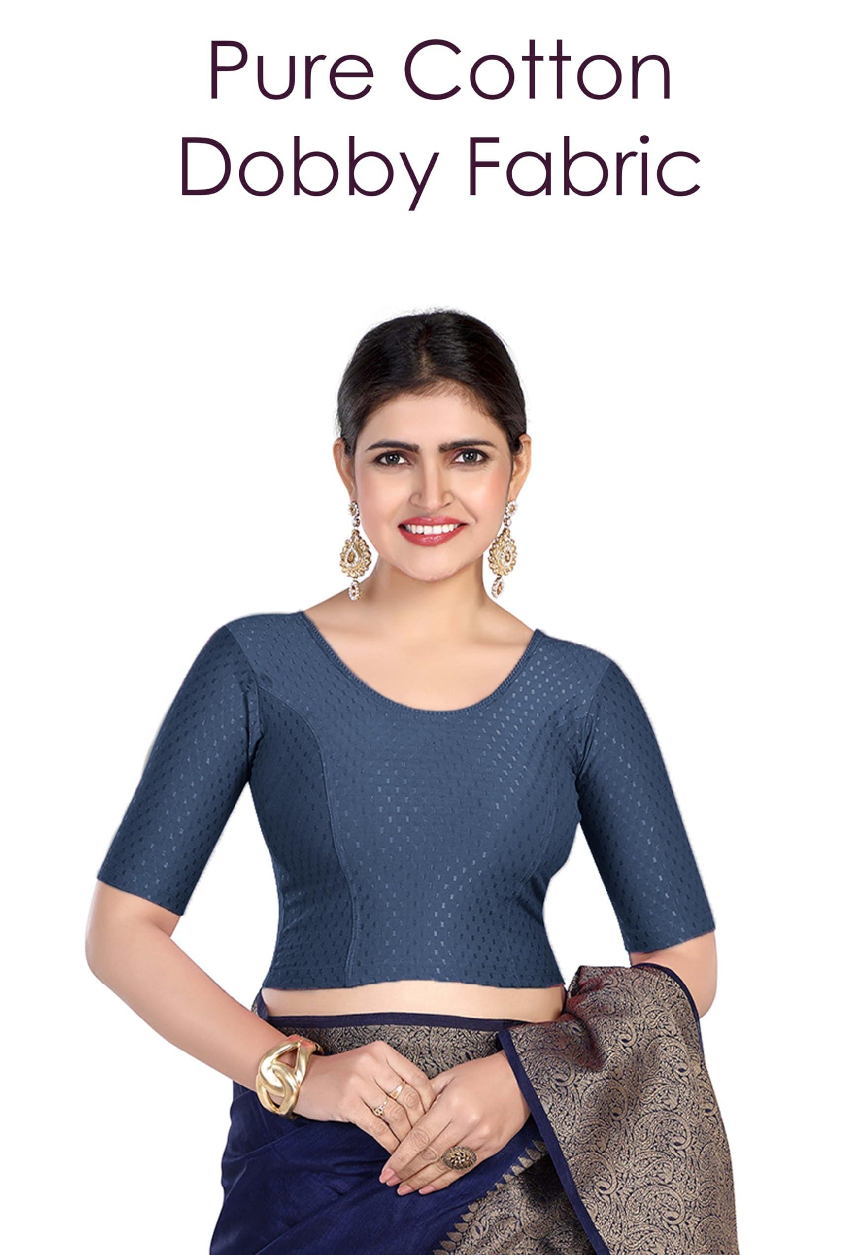 FINESTFIT Round Neck 100% Cotton Dobby Fabric Stretchable Elbow Sleeve Readymade Saree Blouse for Women.4096