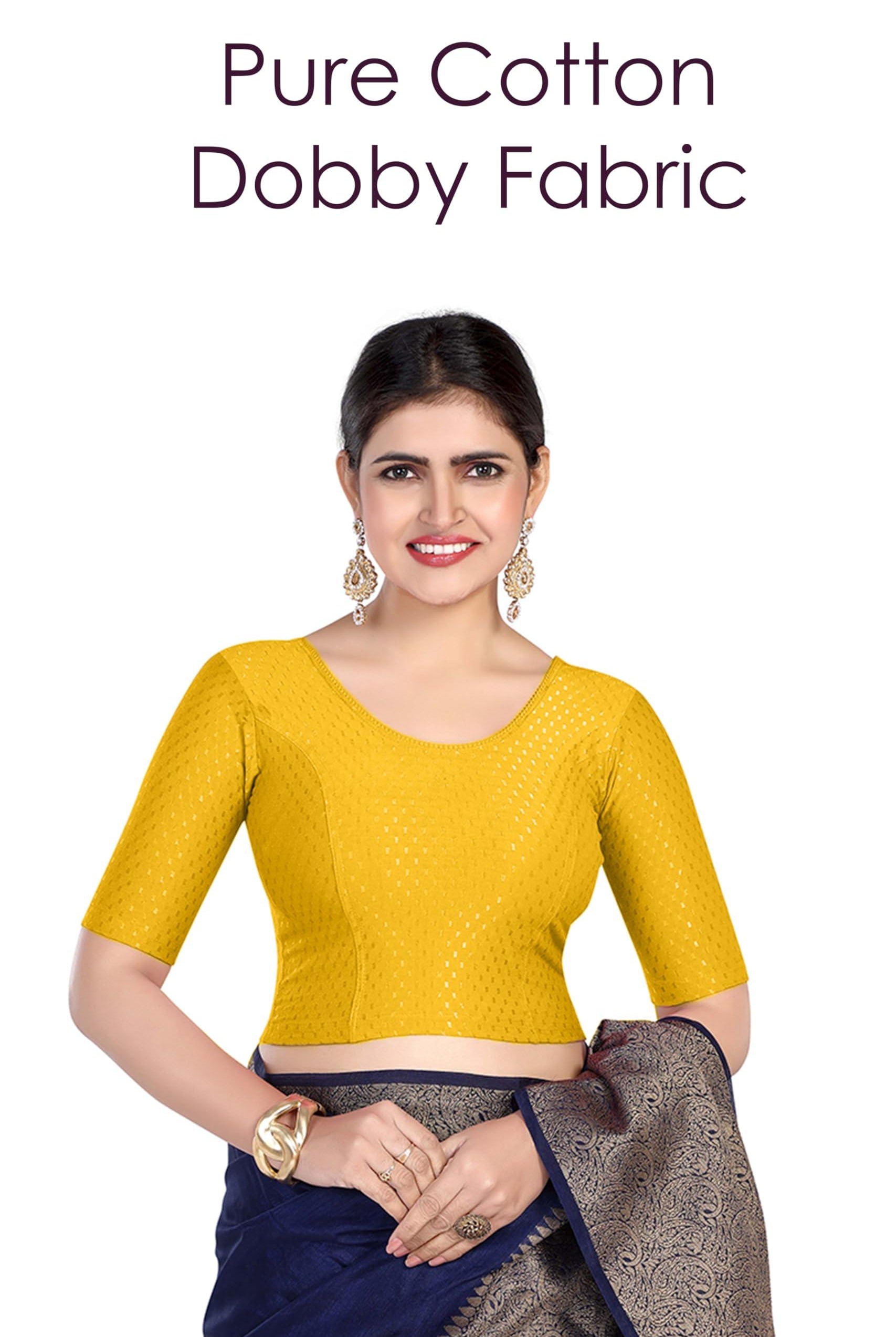 FINESTFIT Round Neck 100% Cotton Dobby Fabric Stretchable Elbow Sleeve Readymade Saree Blouse for Women.4096