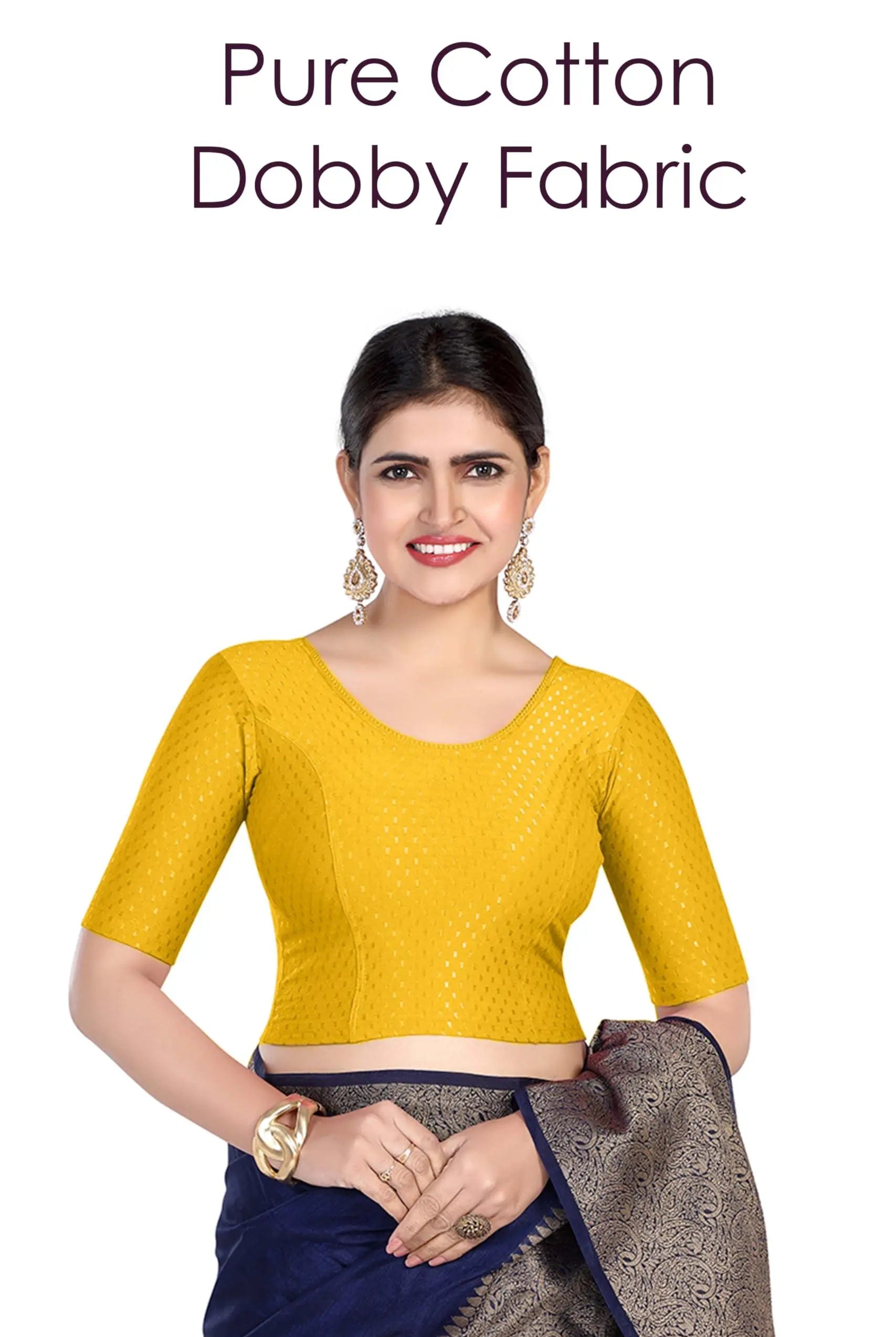 FINESTFIT Round Neck 100% Cotton Dobby Fabric Stretchable Elbow Sleeve Readymade Saree Blouse for Women.4096