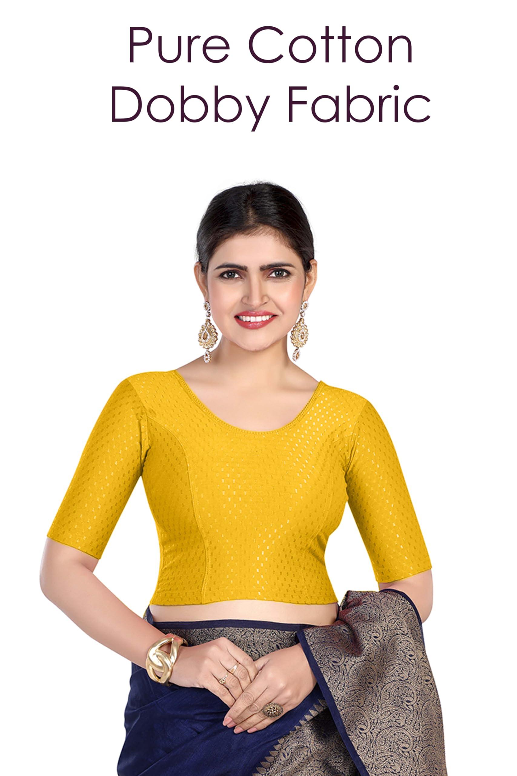 FINESTFIT Round Neck 100% Cotton Dobby Fabric Stretchable Elbow Sleeve Readymade Saree Blouse for Women.4096