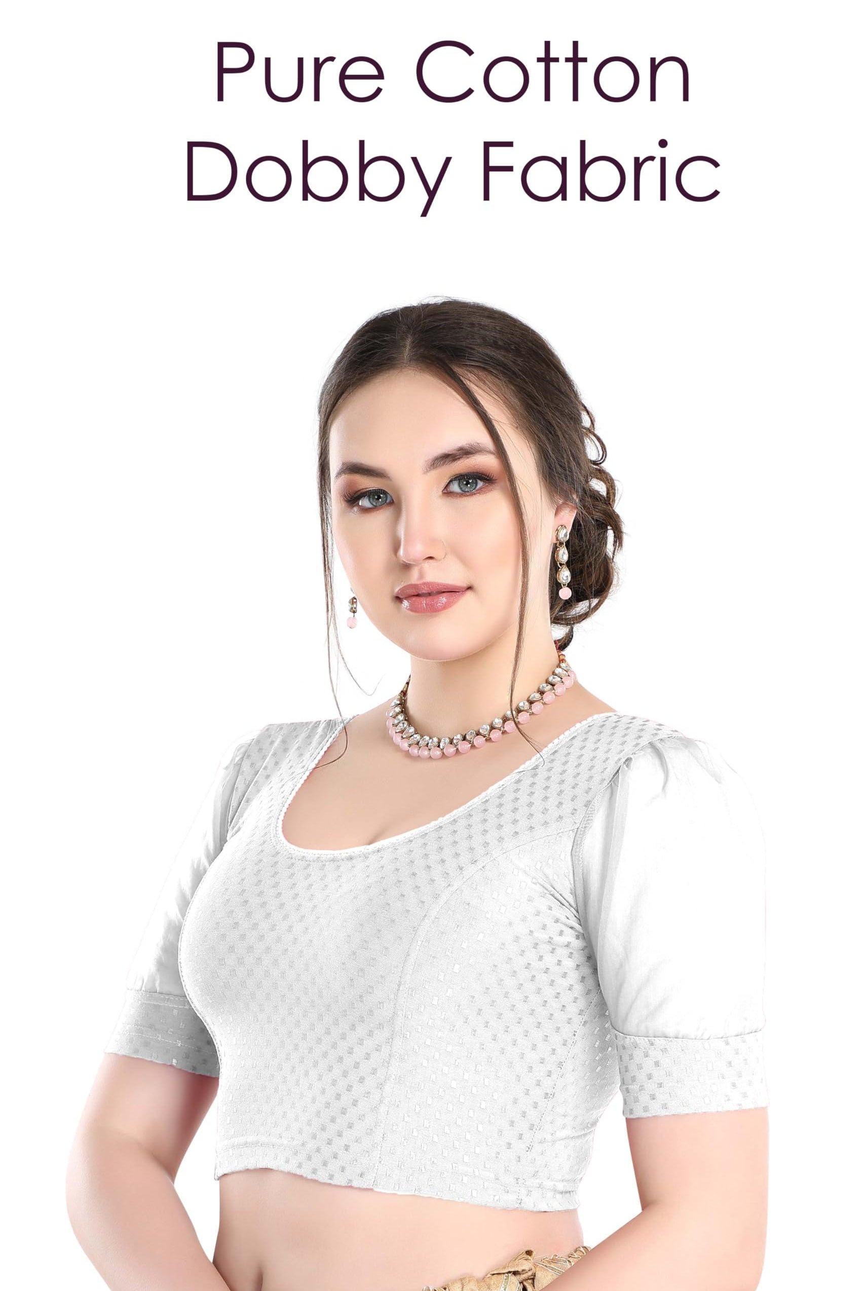 FINESTFIT Stay On Trend Latest Fashion 100% Cotton Dobby Readymade Blouses for Women,Round Neckline with Organza Balloon Sleeves.4520