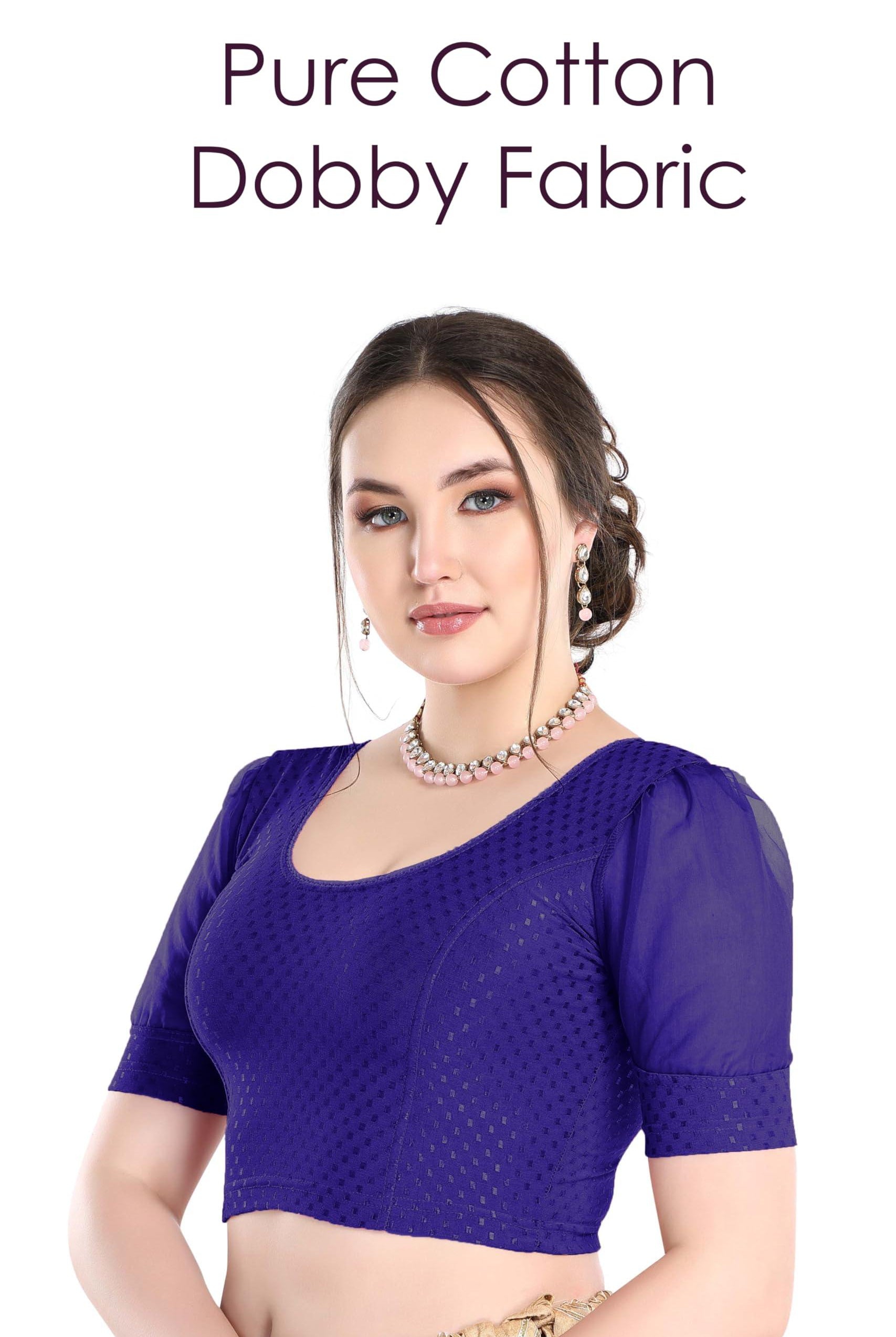 FINESTFIT Stay On Trend Latest Fashion 100% Cotton Dobby Readymade Blouses for Women,Round Neckline with Organza Balloon Sleeves.4520