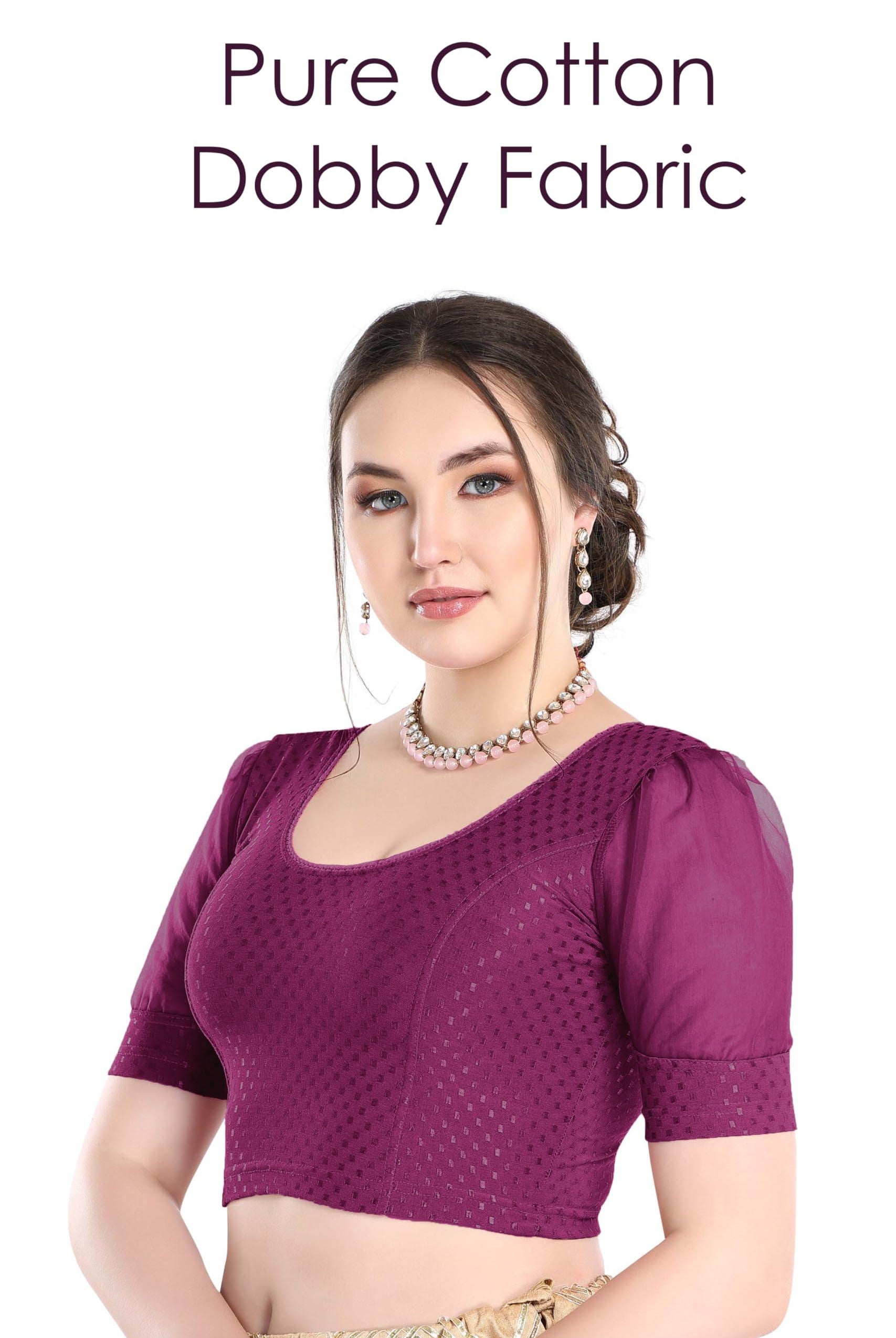 FINESTFIT Stay On Trend Latest Fashion 100% Cotton Dobby Readymade Blouses for Women,Round Neckline with Organza Balloon Sleeves.4520