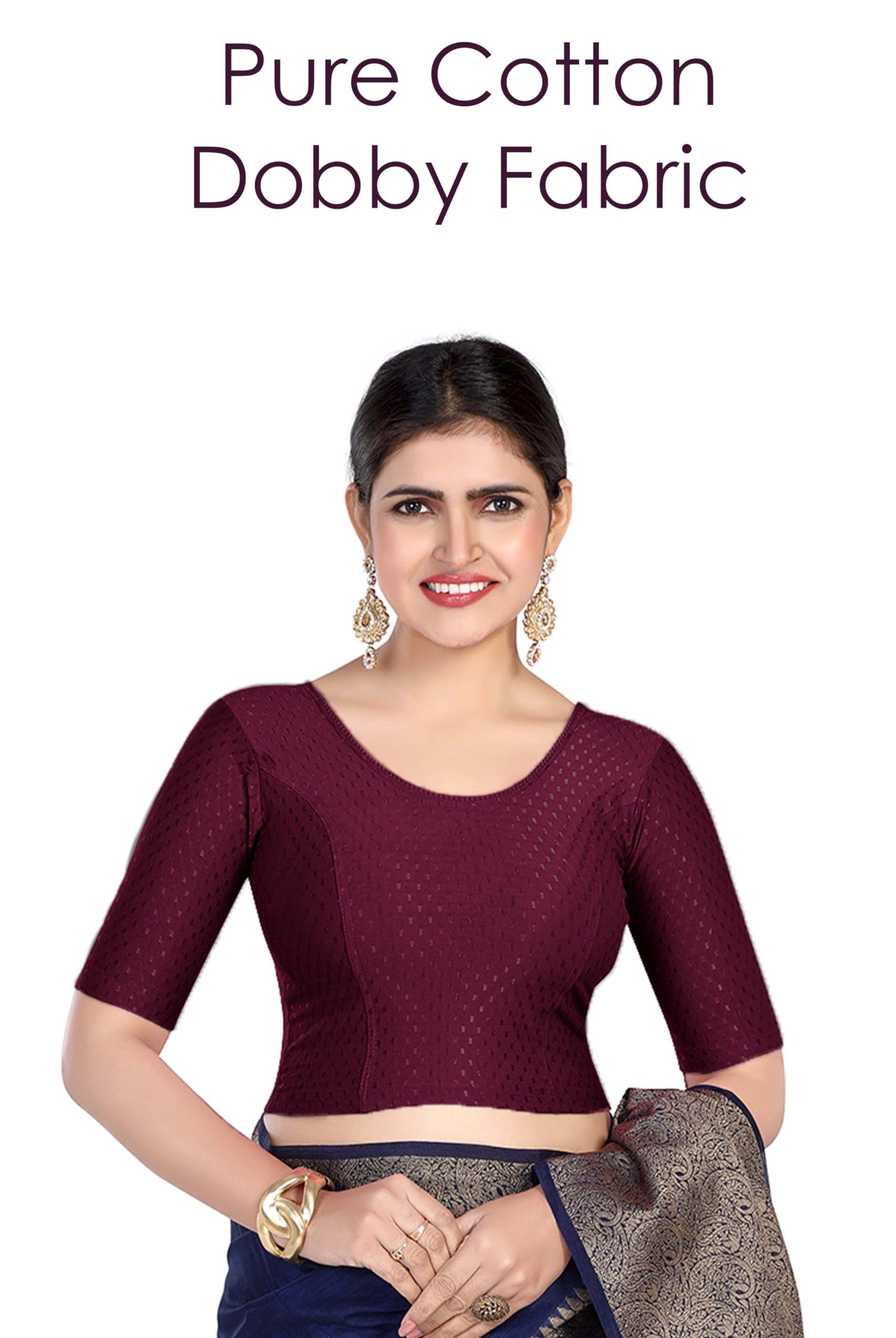 FINESTFIT Round Neck 100% Cotton Dobby Fabric Stretchable Elbow Sleeve Readymade Saree Blouse for Women.4096