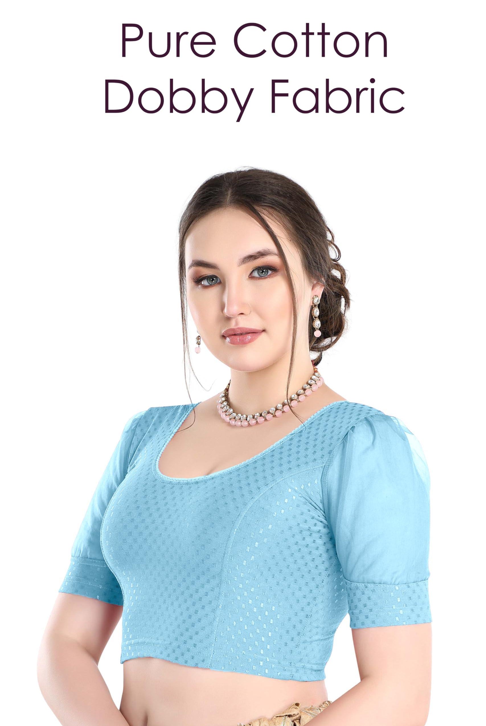 FINESTFIT Stay On Trend Latest Fashion 100% Cotton Dobby Readymade Blouses for Women,Round Neckline with Organza Balloon Sleeves.4520