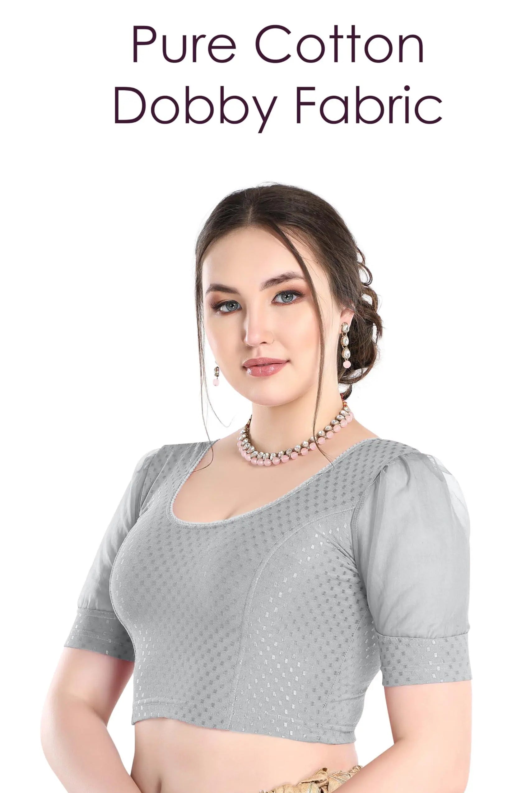 FINESTFIT Stay On Trend Latest Fashion 100% Cotton Dobby Readymade Blouses for Women,Round Neckline with Organza Balloon Sleeves.4520