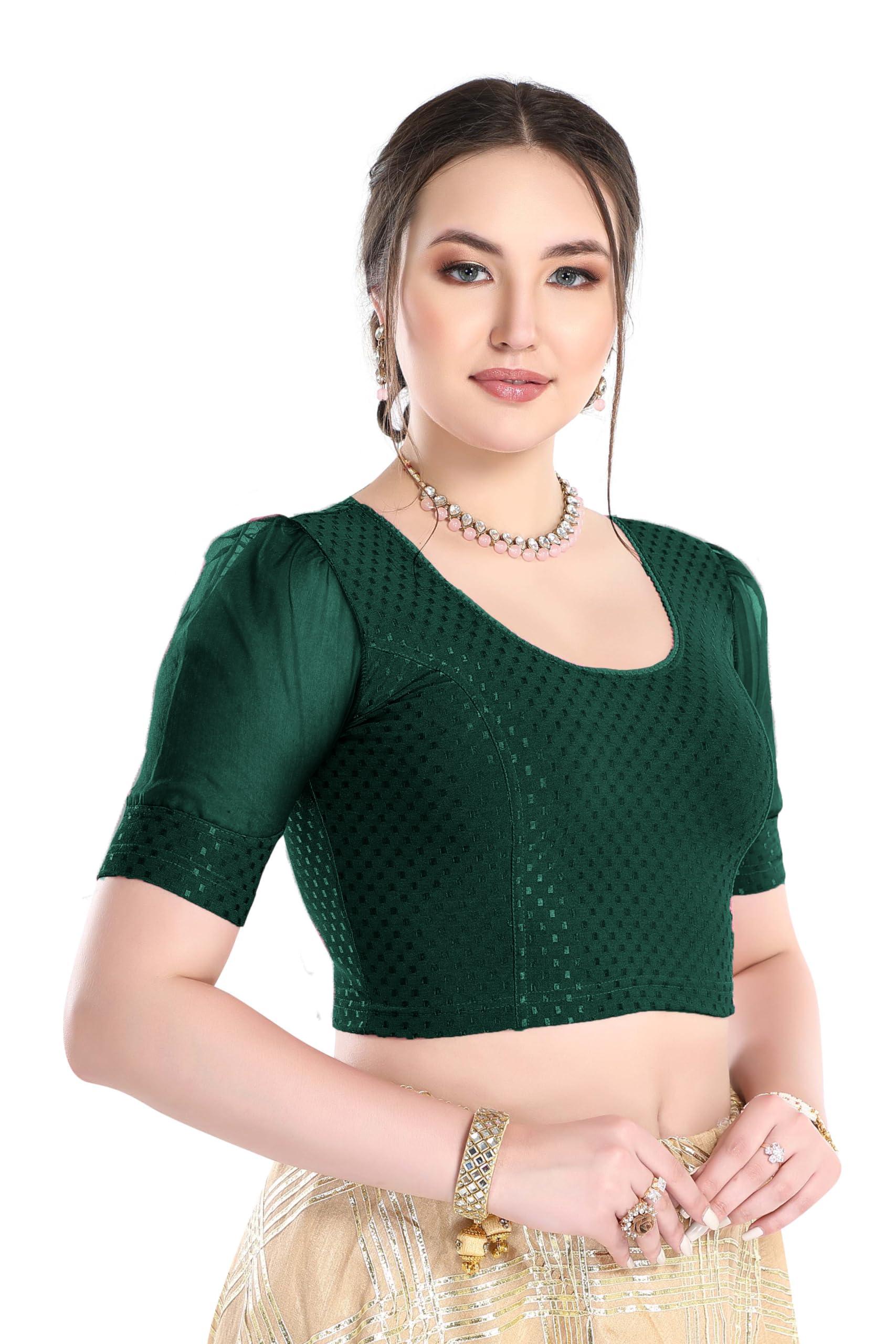 FINESTFIT Stay On Trend Latest Fashion 100% Cotton Dobby Readymade Blouses for Women,Round Neckline with Organza Balloon Sleeves.4520