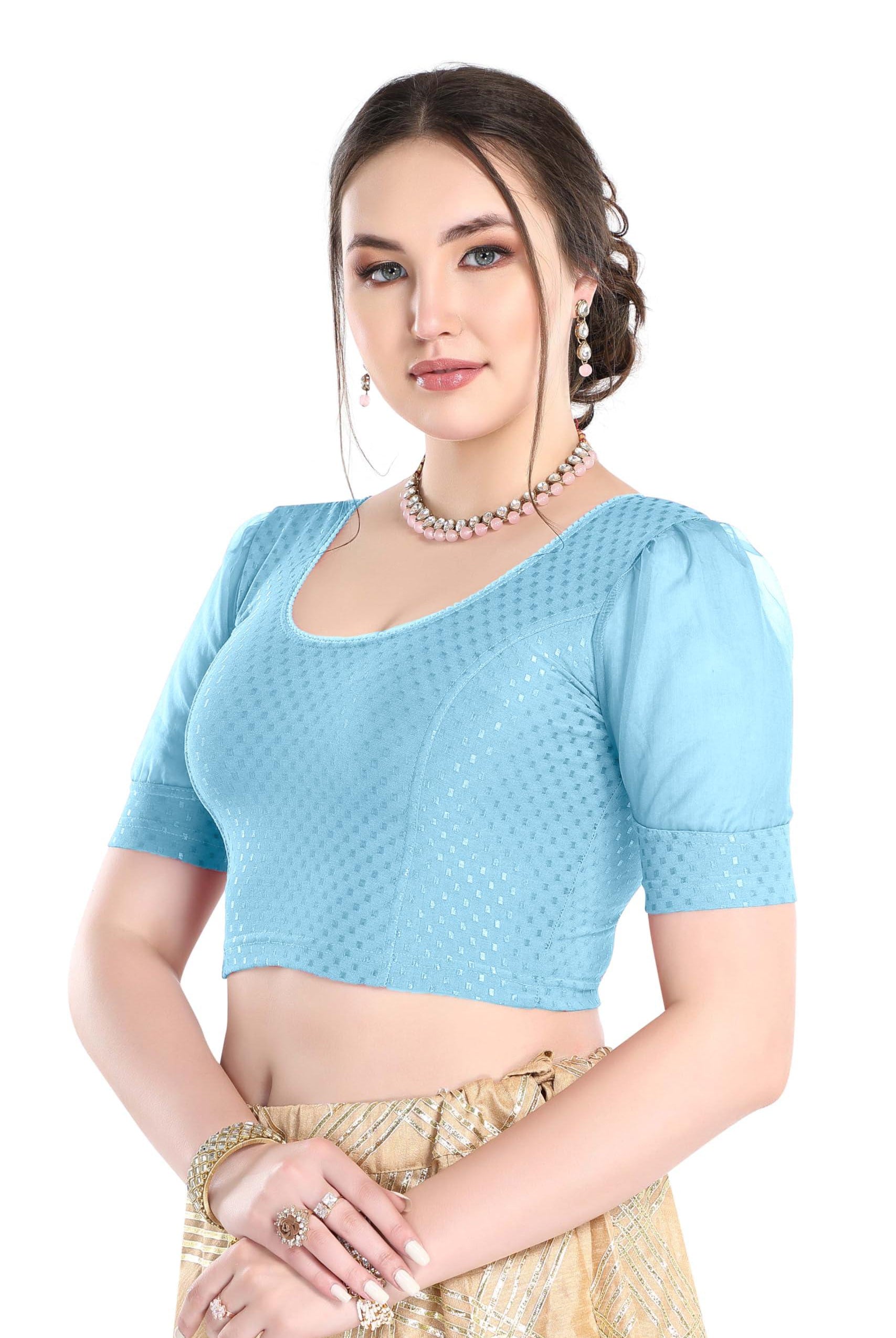 FINESTFIT Stay On Trend Latest Fashion 100% Cotton Dobby Readymade Blouses for Women,Round Neckline with Organza Balloon Sleeves.4520