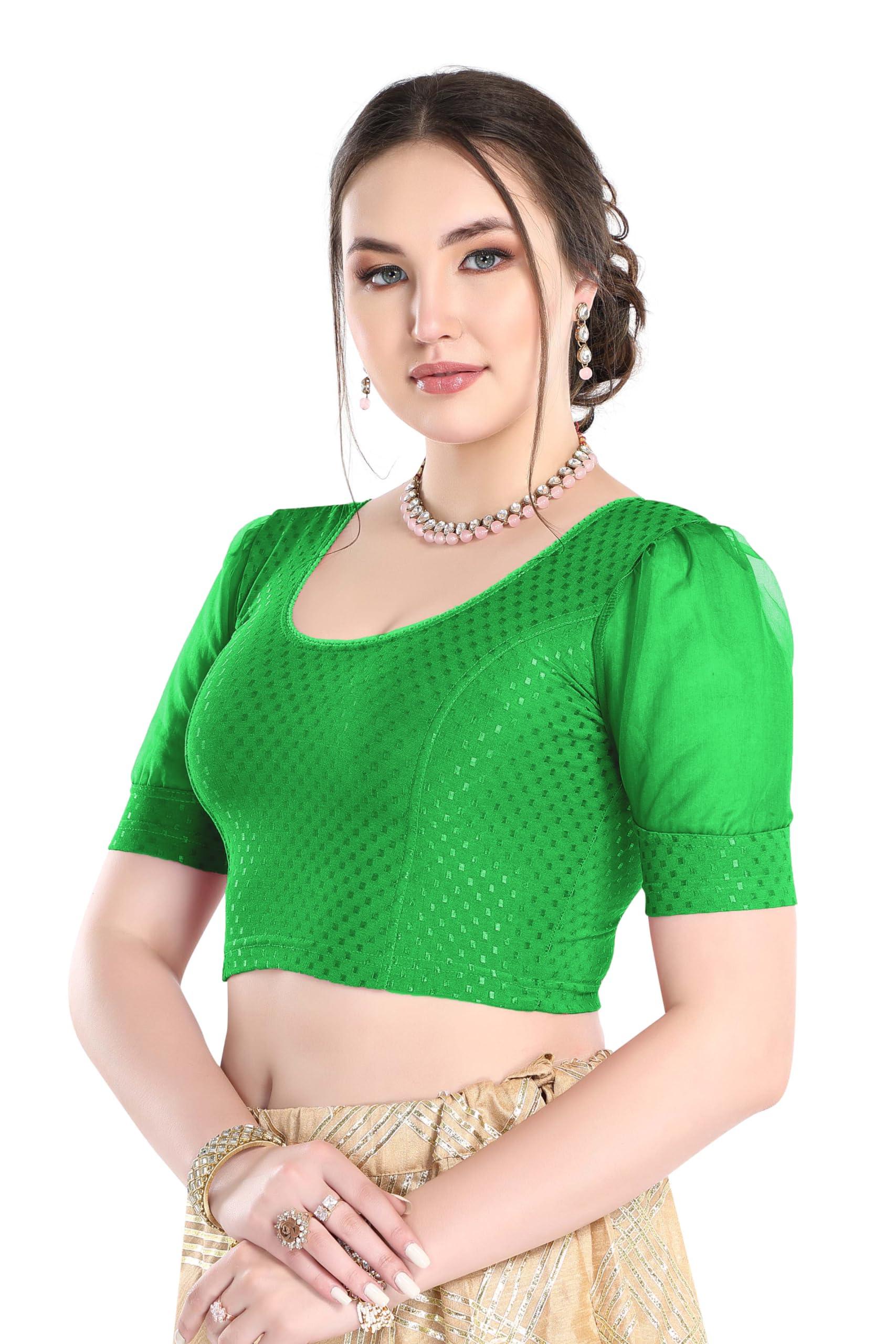 FINESTFIT Stay On Trend Latest Fashion 100% Cotton Dobby Readymade Blouses for Women,Round Neckline with Organza Balloon Sleeves.4520