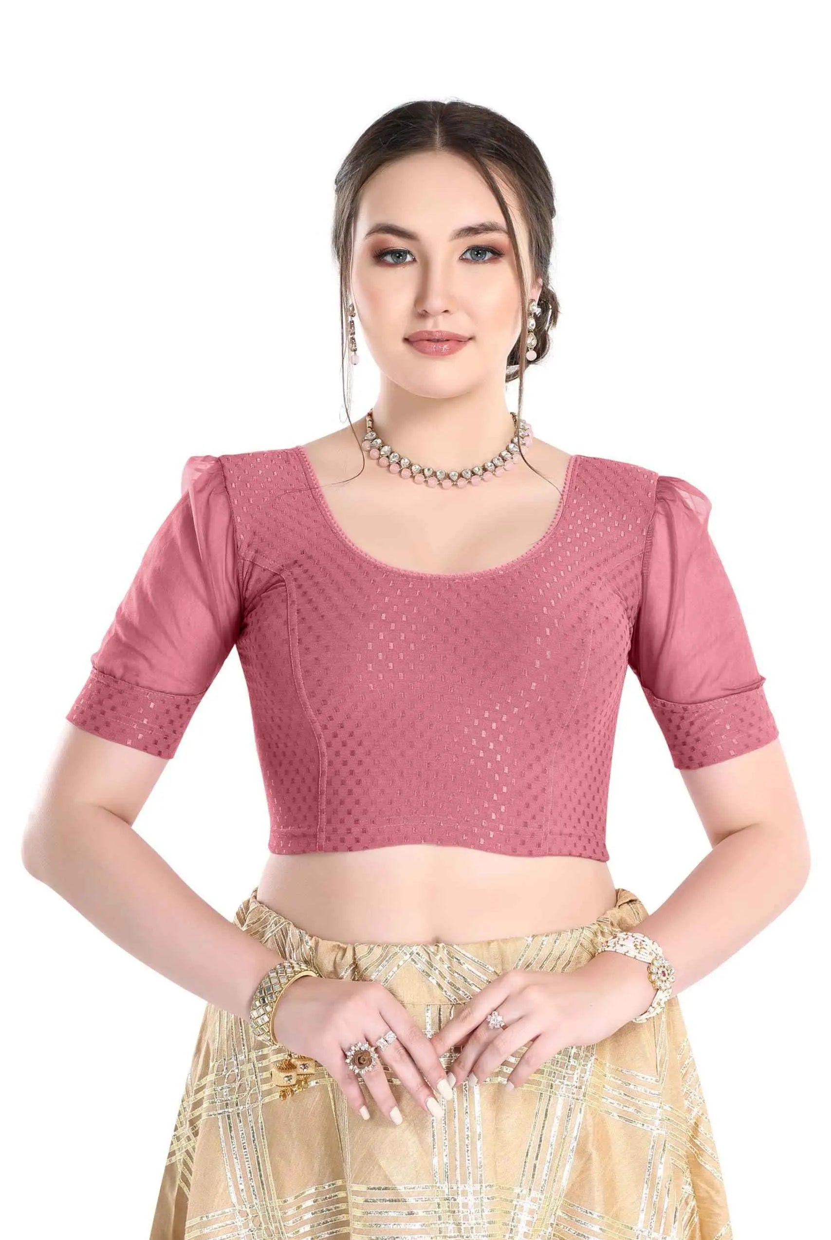 FINESTFIT Readymade Organza Balloon Sleeves Blouse for Women - 100% Cotton Dobby, Round Neckline, Latest Fashion 4520