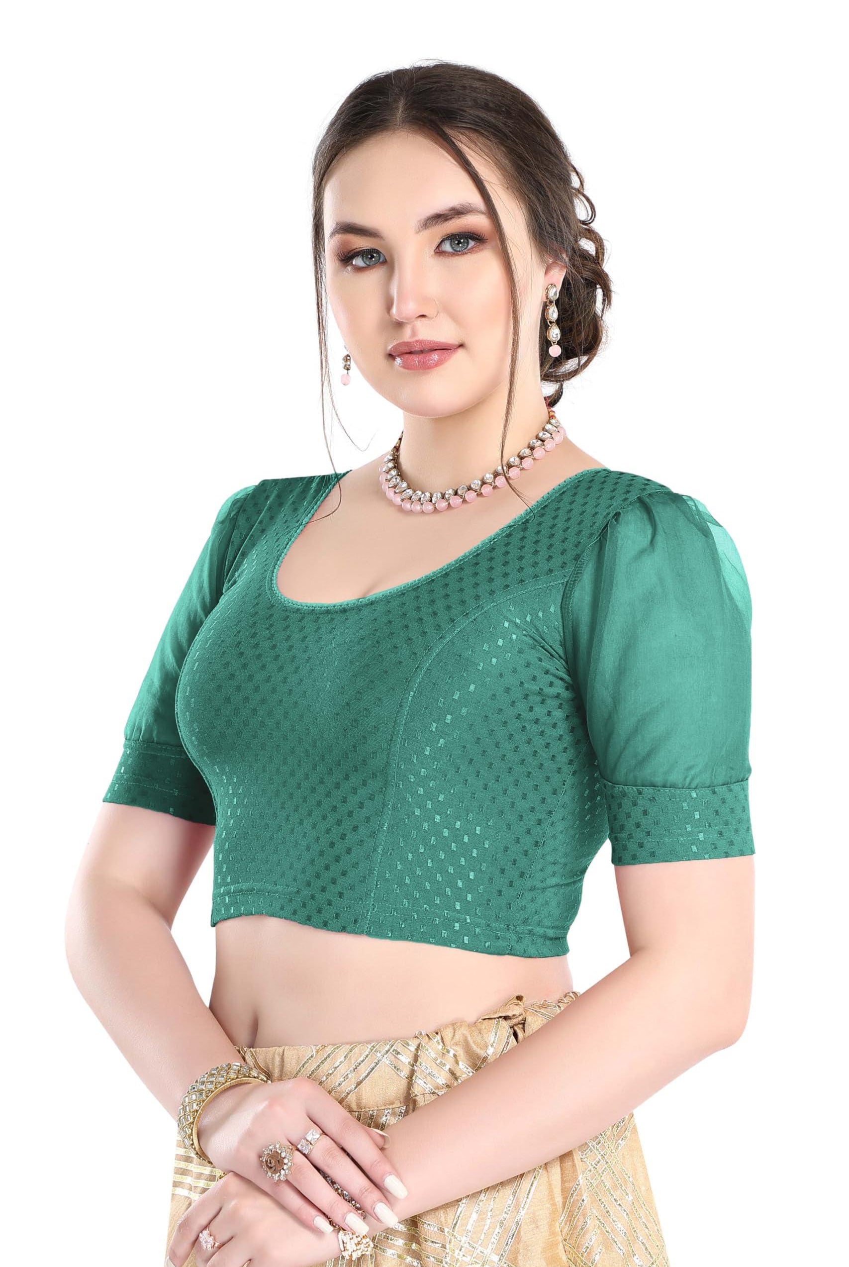 FINESTFIT Stay On Trend Latest Fashion 100% Cotton Dobby Readymade Blouses for Women,Round Neckline with Organza Balloon Sleeves.4520