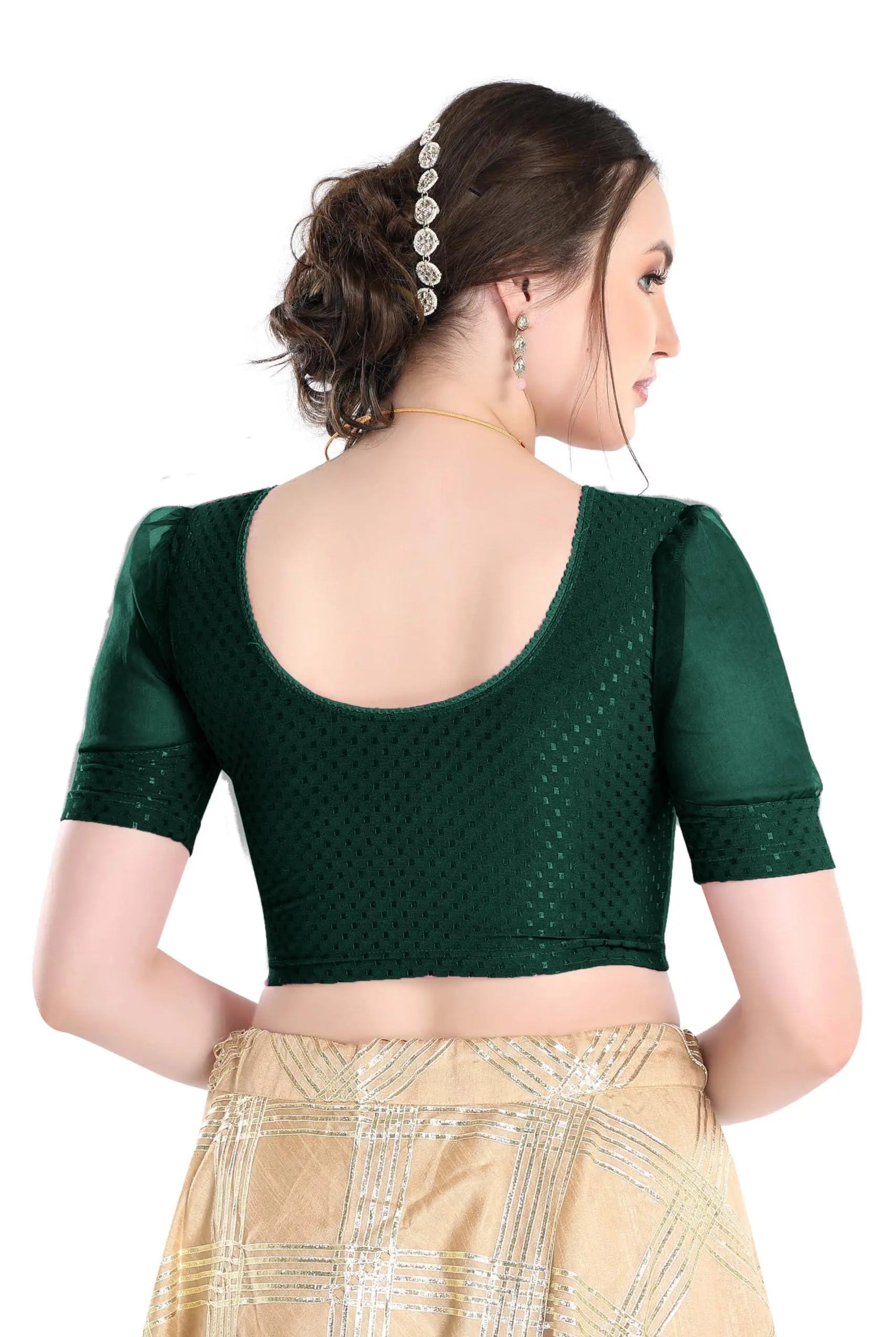 FINESTFIT Stay On Trend Latest Fashion 100% Cotton Dobby Readymade Blouses for Women,Round Neckline with Organza Balloon Sleeves.4520