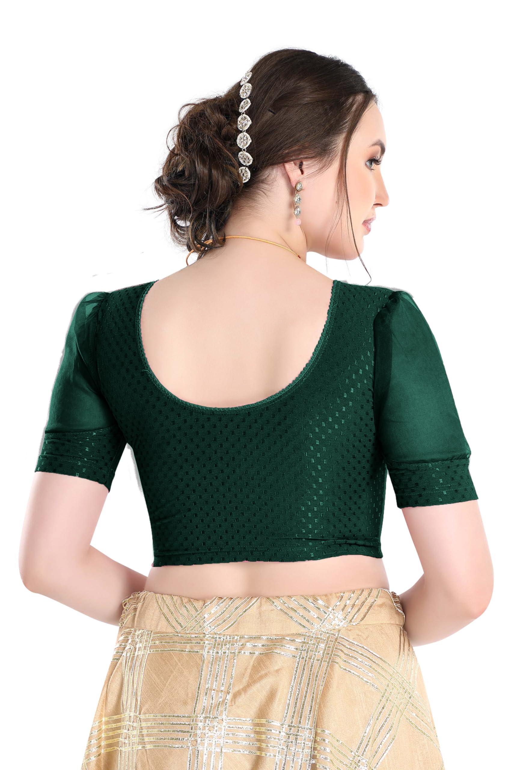 FINESTFIT Stay On Trend Latest Fashion 100% Cotton Dobby Readymade Blouses for Women,Round Neckline with Organza Balloon Sleeves.4520