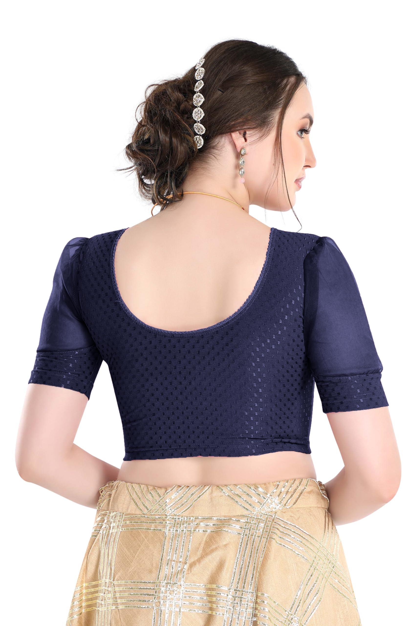 FINESTFIT Stay On Trend Latest Fashion 100% Cotton Dobby Readymade Blouses for Women,Round Neckline with Organza Balloon Sleeves.4520