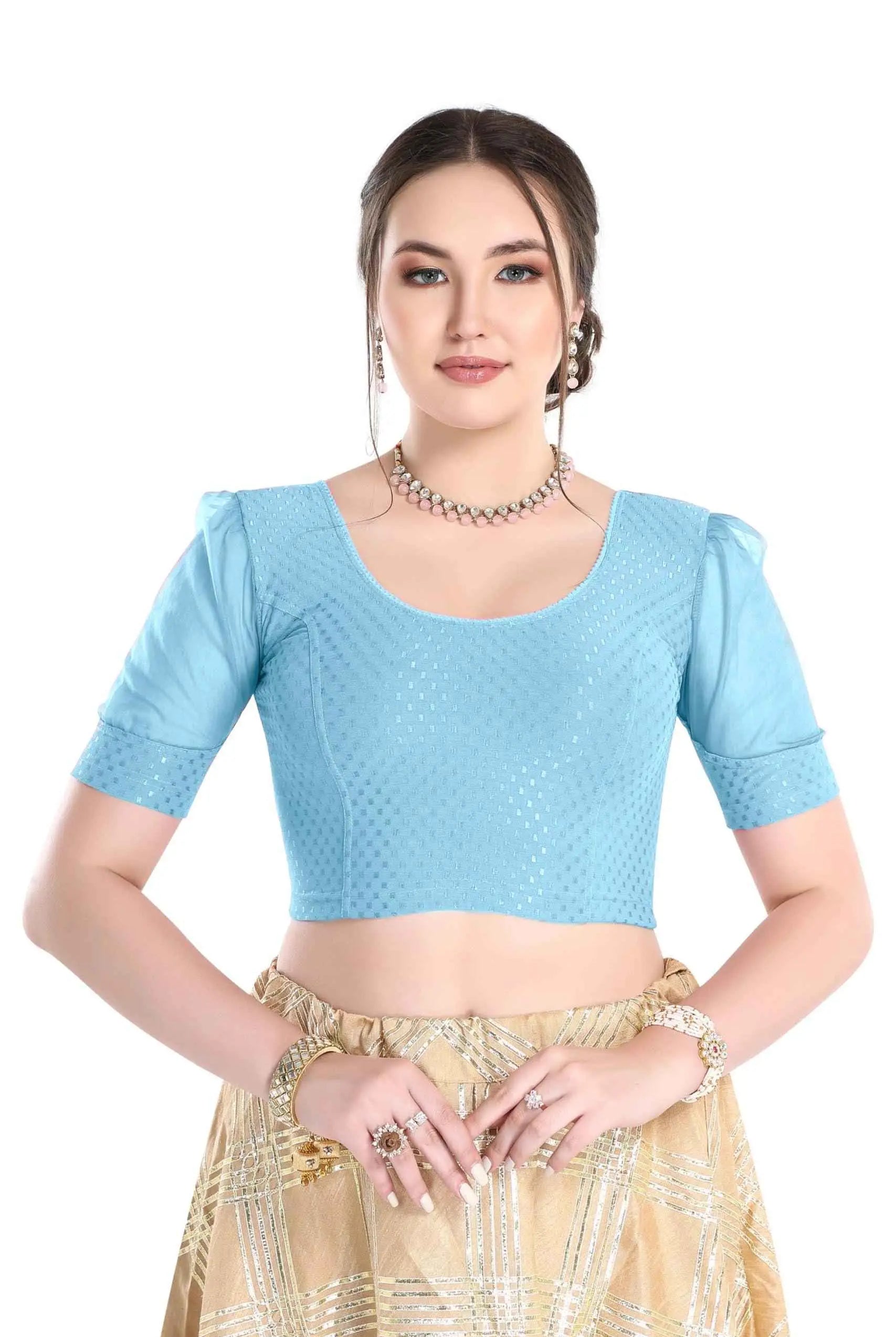 FINESTFIT Readymade Organza Balloon Sleeves Blouse for Women - 100% Cotton Dobby, Round Neckline, Latest Fashion 4520