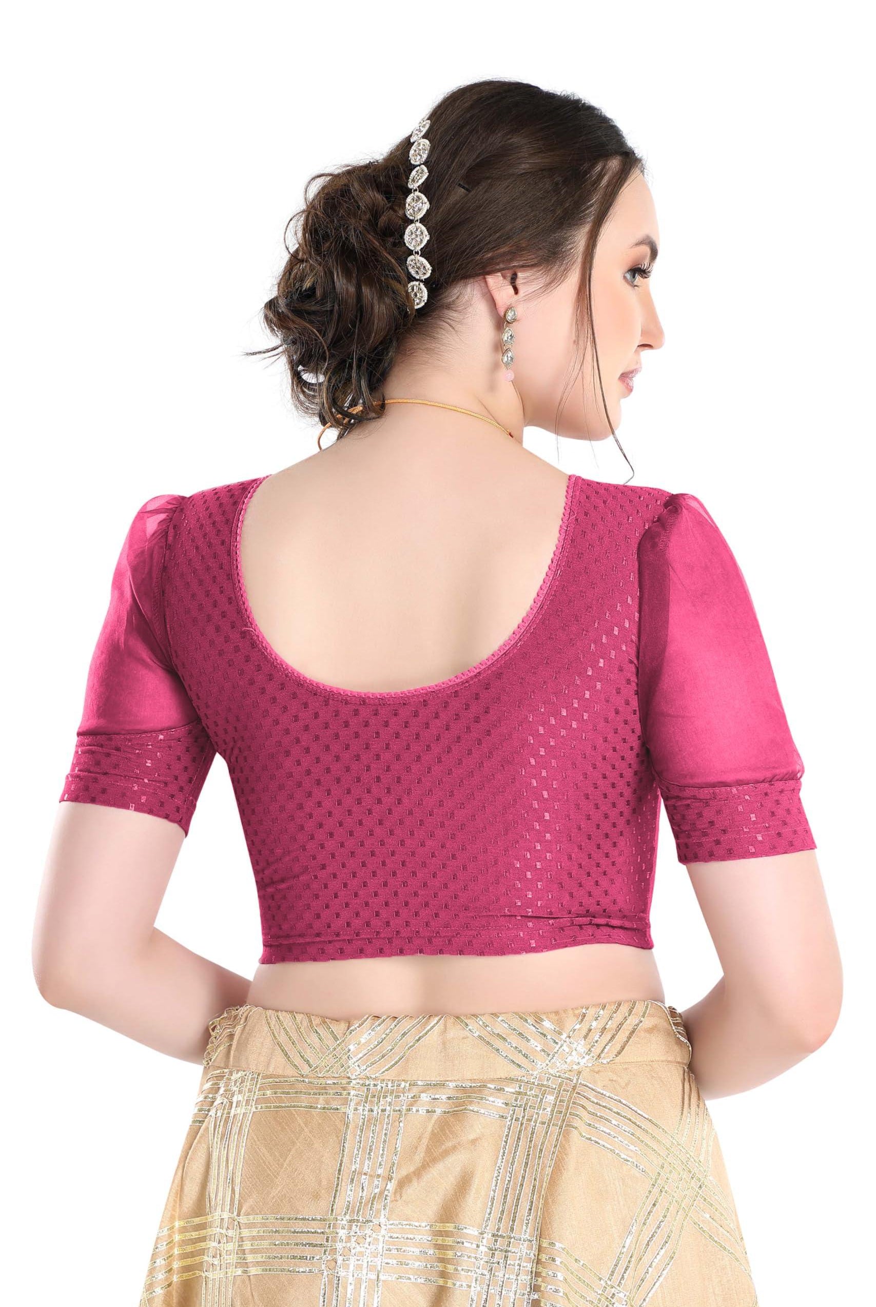 FINESTFIT Stay On Trend Latest Fashion 100% Cotton Dobby Readymade Blouses for Women,Round Neckline with Organza Balloon Sleeves.4520