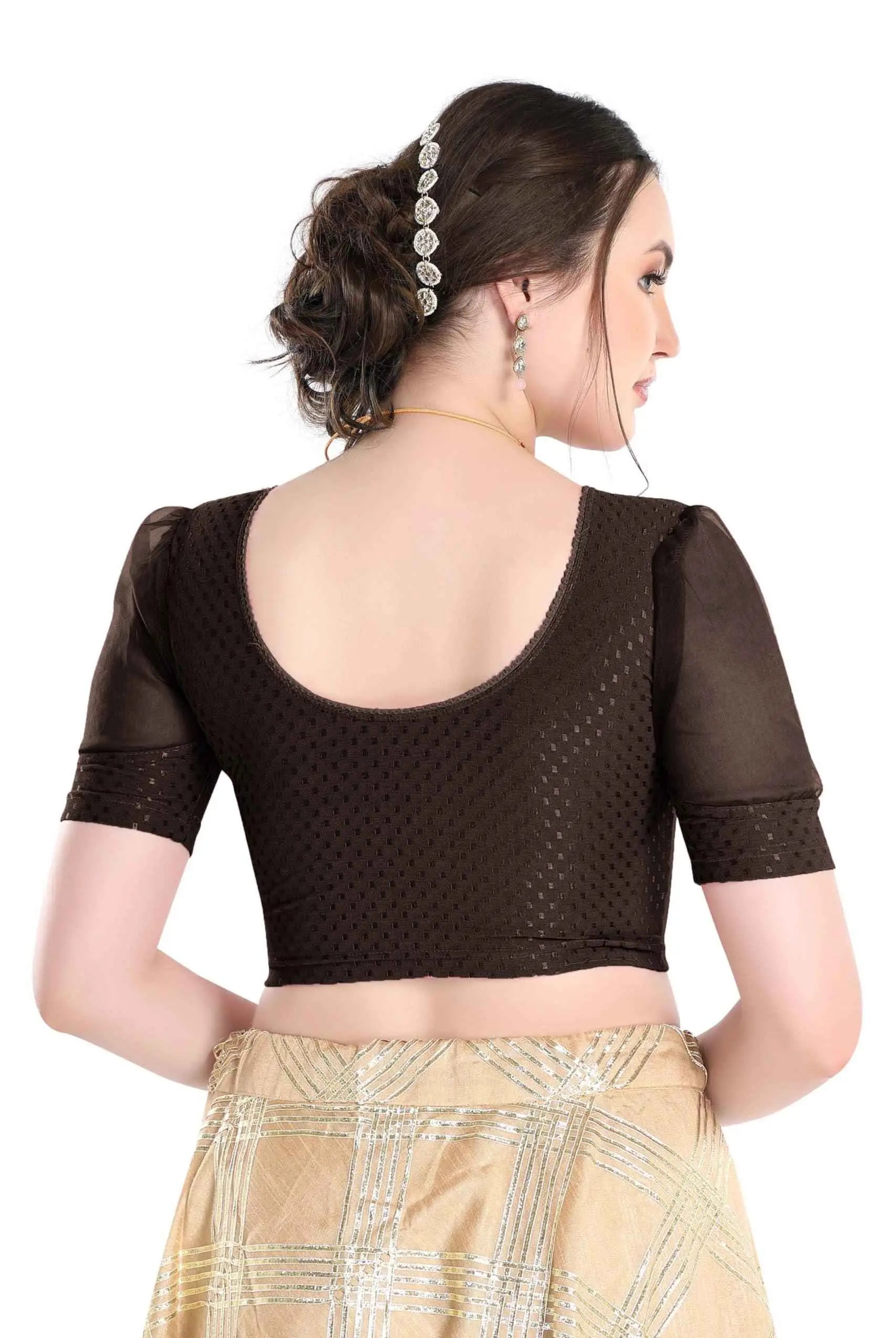 FINESTFIT Readymade Organza Balloon Sleeves Blouse for Women - 100% Cotton Dobby, Round Neckline, Latest Fashion 4520