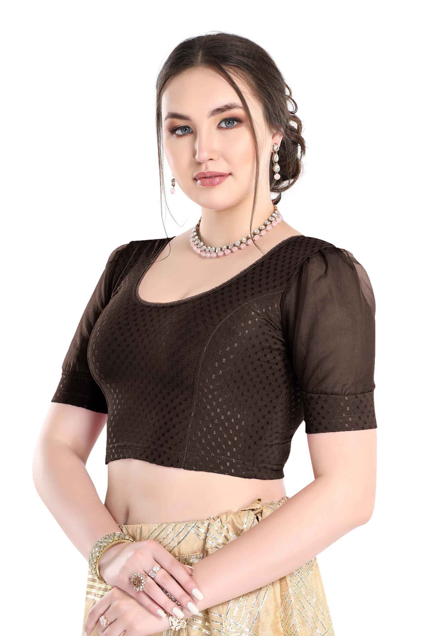 FINESTFIT Readymade Organza Balloon Sleeves Blouse for Women - 100% Cotton Dobby, Round Neckline, Latest Fashion 4520