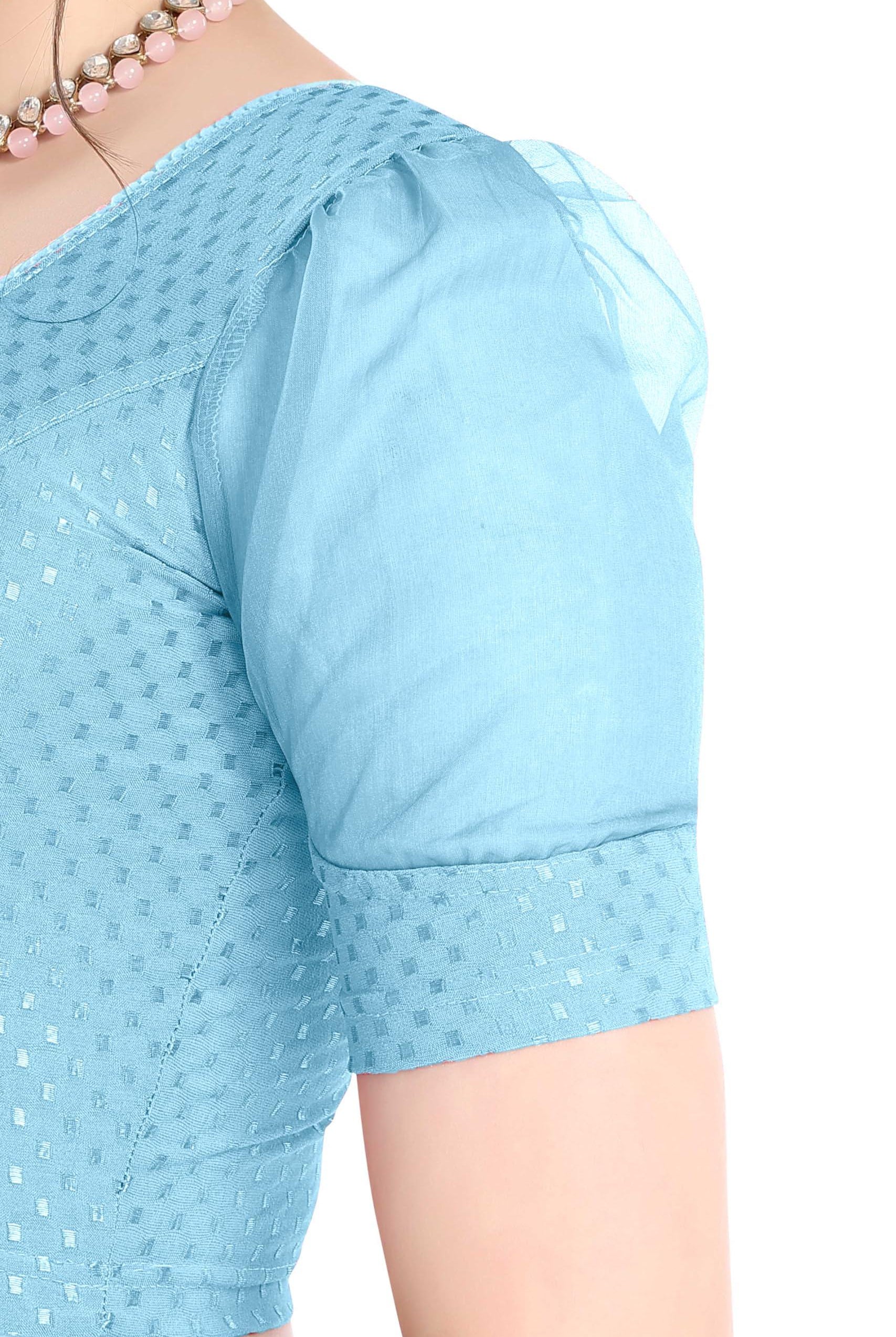 FINESTFIT Stay On Trend Latest Fashion 100% Cotton Dobby Readymade Blouses for Women,Round Neckline with Organza Balloon Sleeves.4520