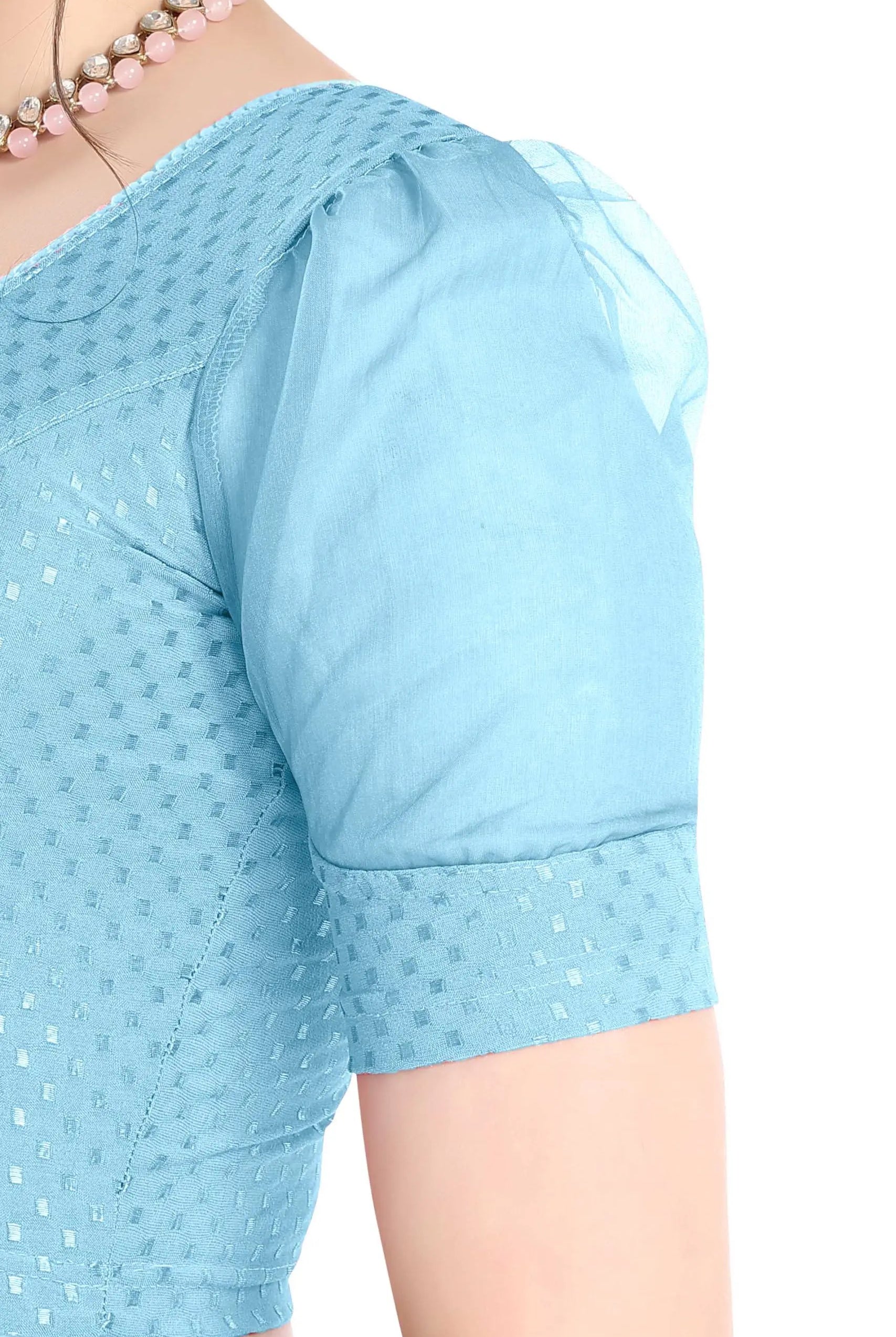 FINESTFIT Stay On Trend Latest Fashion 100% Cotton Dobby Readymade Blouses for Women,Round Neckline with Organza Balloon Sleeves.4520