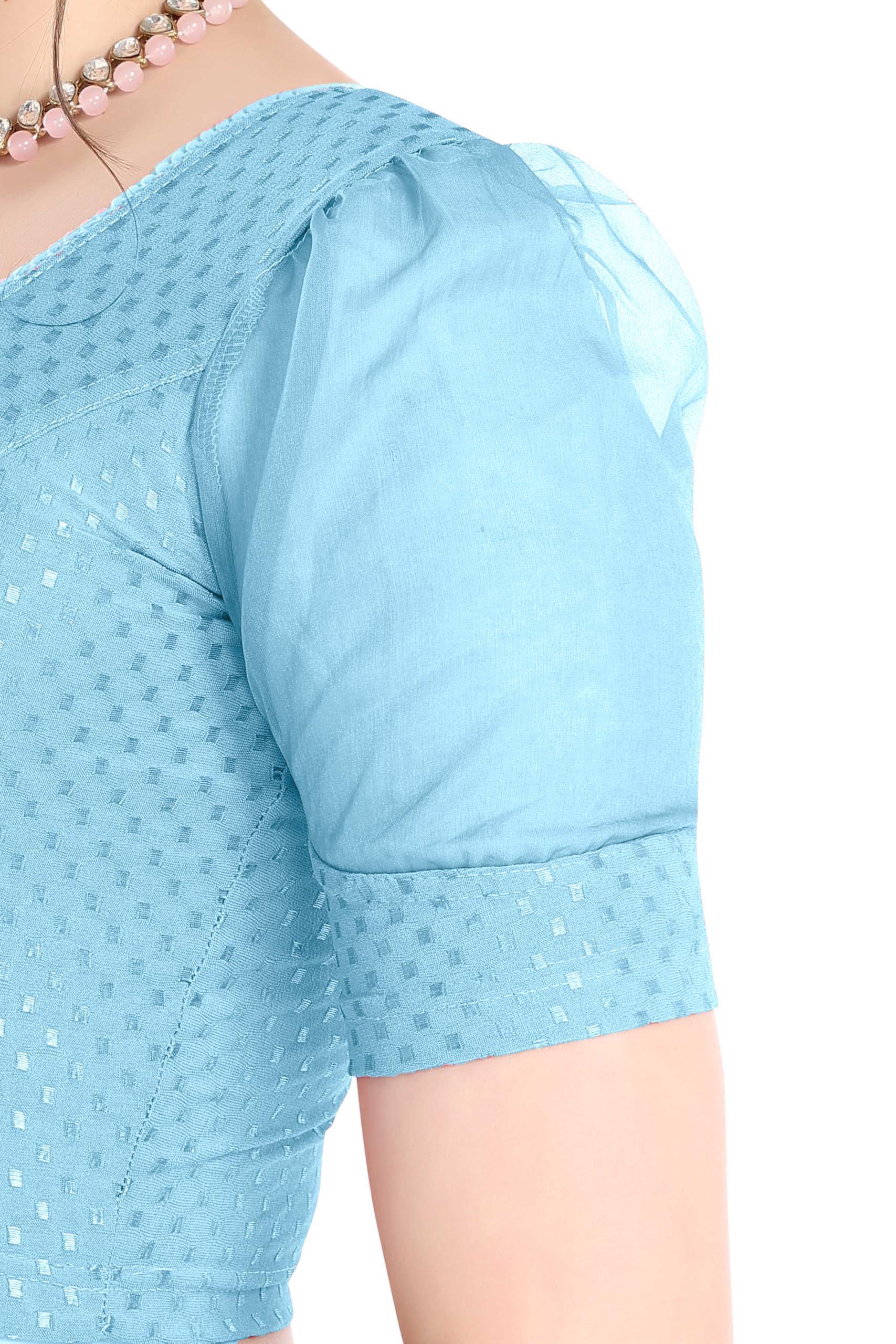 FINESTFIT Stay On Trend Latest Fashion 100% Cotton Dobby Readymade Blouses for Women,Round Neckline with Organza Balloon Sleeves.4520