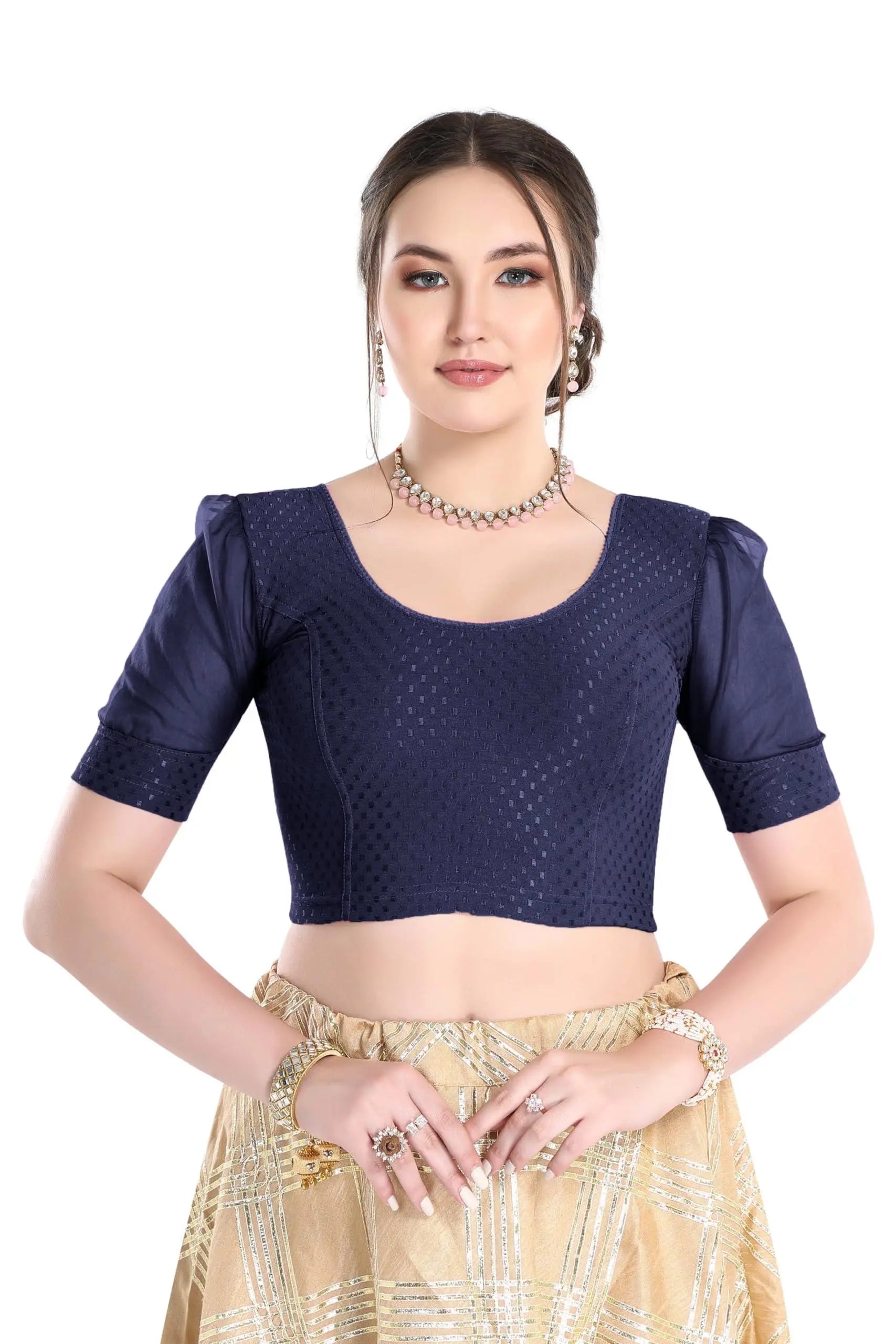 FINESTFIT Stay On Trend Latest Fashion 100% Cotton Dobby Readymade Blouses for Women,Round Neckline with Organza Balloon Sleeves.4520