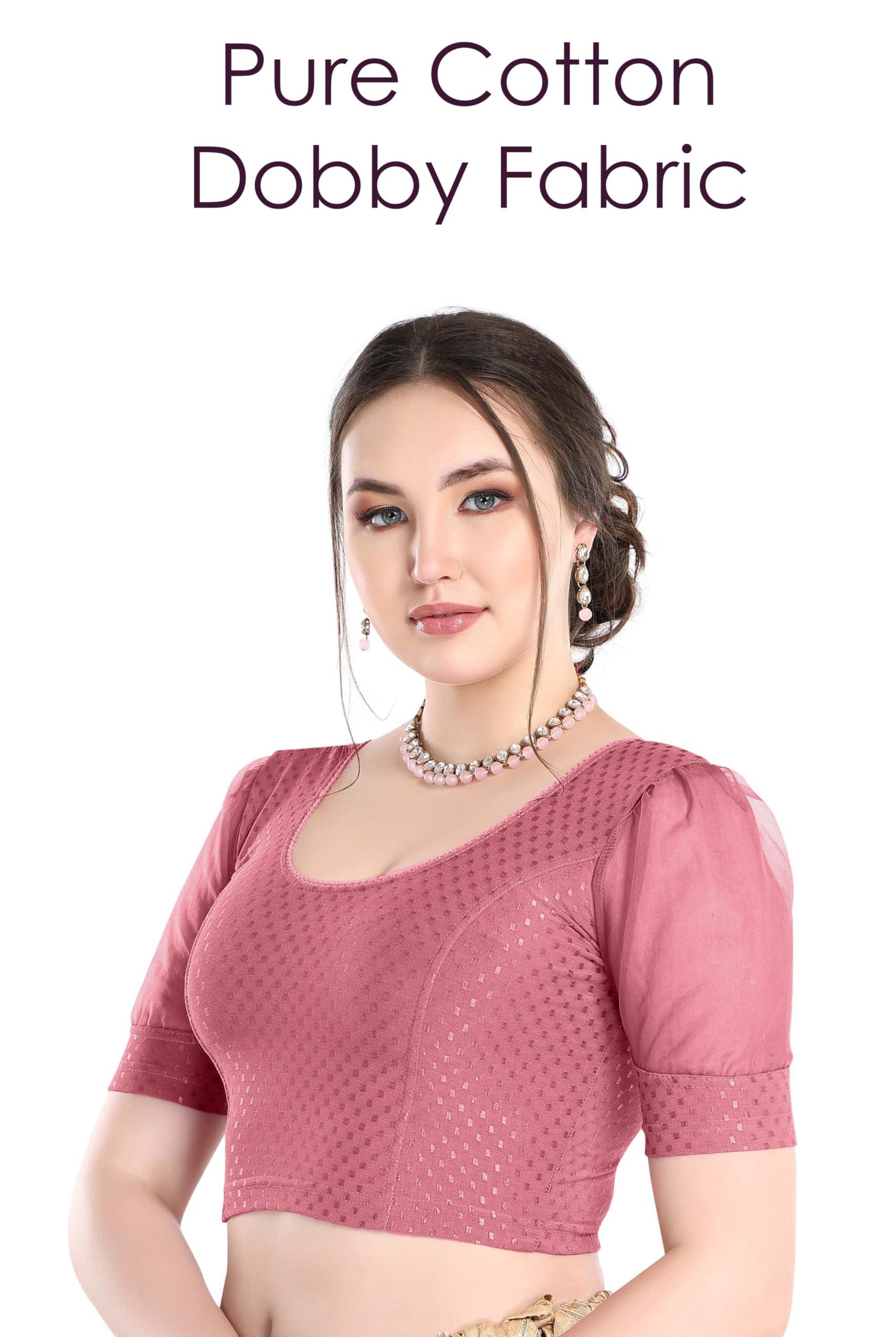 FINESTFIT Stay On Trend Latest Fashion 100% Cotton Dobby Readymade Blouses for Women,Round Neckline with Organza Balloon Sleeves.4520