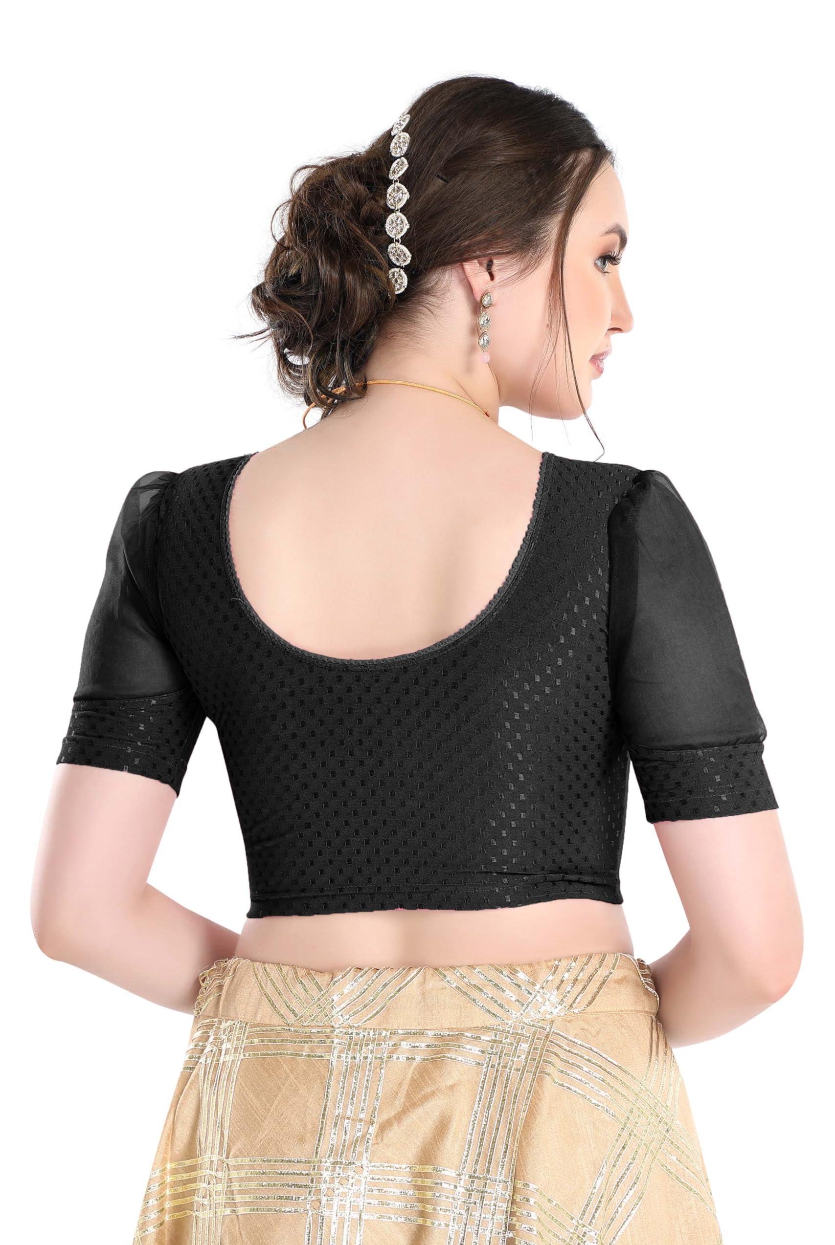 FINESTFIT Stay On Trend Latest Fashion 100% Cotton Dobby Readymade Blouses for Women,Round Neckline with Organza Balloon Sleeves.4520