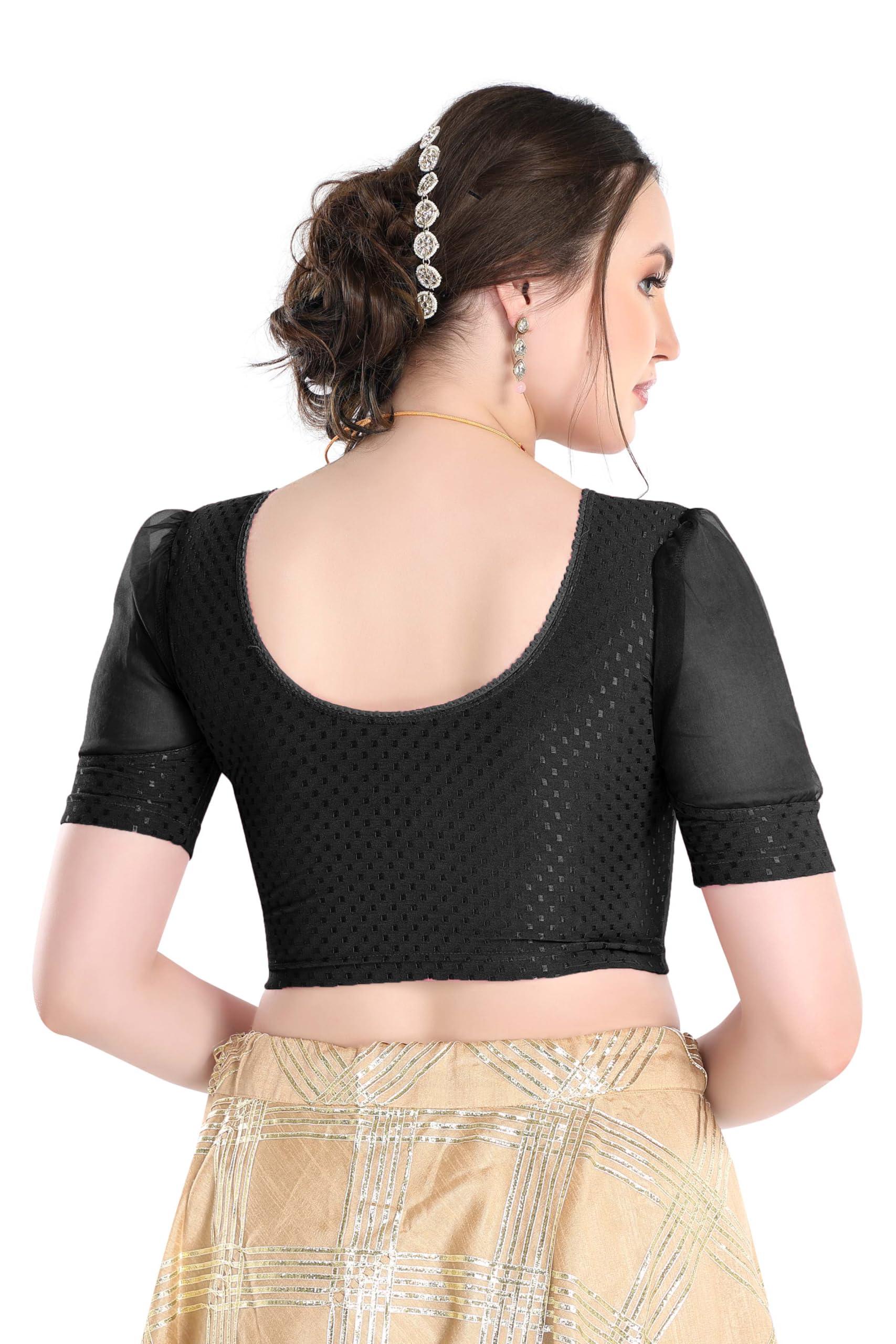 FINESTFIT Stay On Trend Latest Fashion 100% Cotton Dobby Readymade Blouses for Women,Round Neckline with Organza Balloon Sleeves.4520